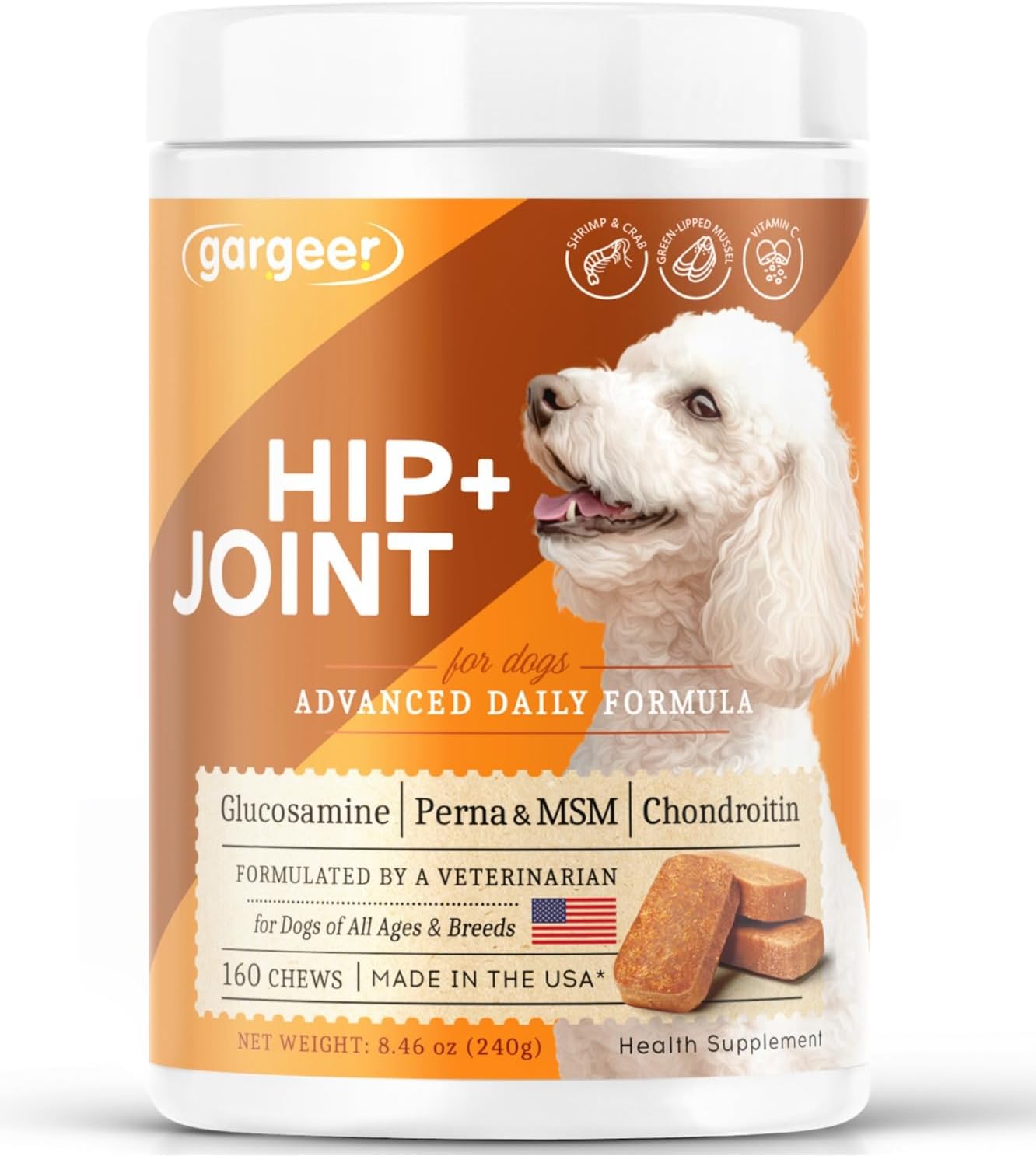 Gargeer Hip & Joint Mobility Health Supplement. Rich with Natural Glucosamine, MSM and Green Lipped Mussel. Vet Created - For All Dog Breeds & Ages. 160 Duck Flavor Soft Chews. Made in the USA. Enjoy!