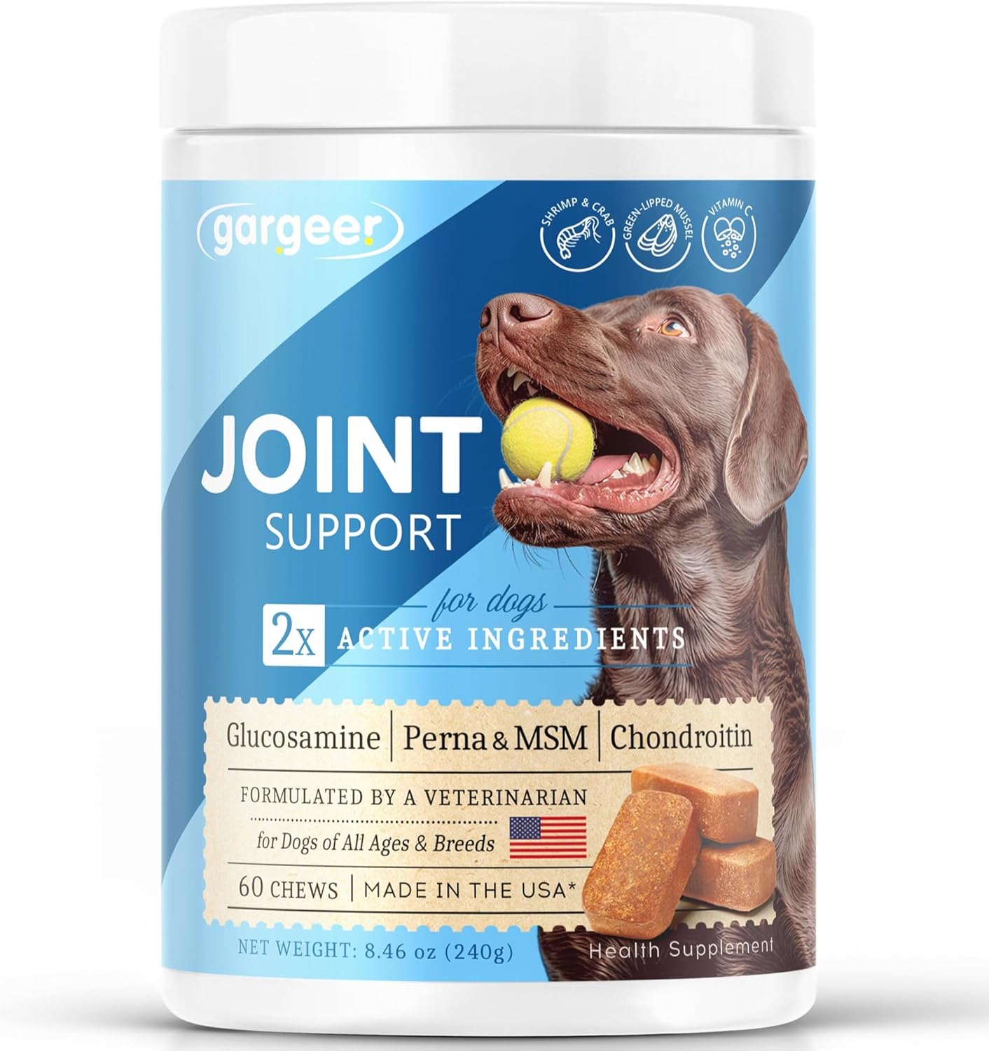 Gargeer Advanced Hip & Joint Support Pro Supplement. Rich with Glucosamine, MSM & Green Lipped Mussel. For All Dog Breeds & Ages. 60 Duck Flavored Chews for Enhanced Mobility. Made in the USA, Enjoy !
