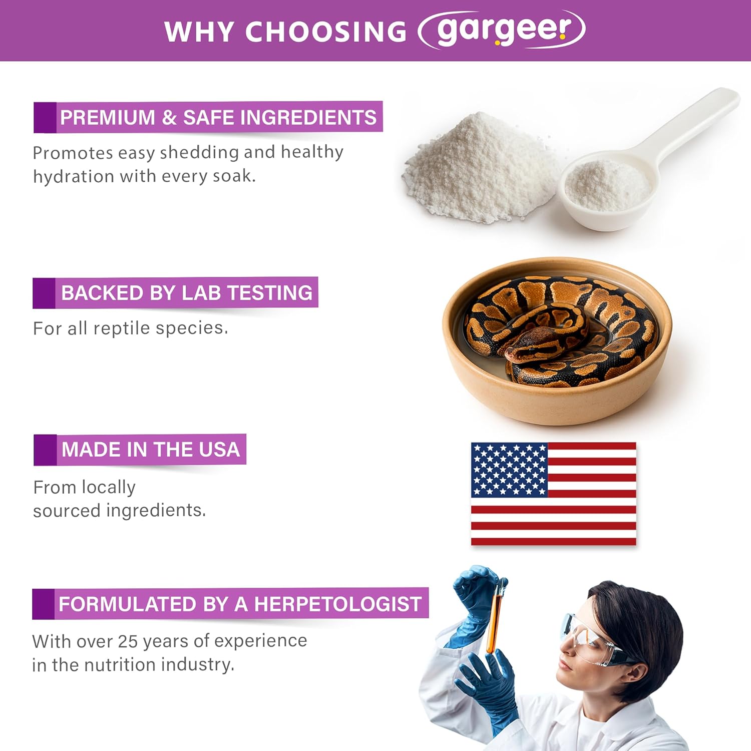Gargeer 'ReptiShed' Shedding Aid Soak Powder for Reptiles | Stuck Shed Remover for Dragons, Geckos, Lizards, Snakes | Aloe, Chamomile, Hyaluronic Acid | Bath Supplement | Made in The USA. Enjoy!