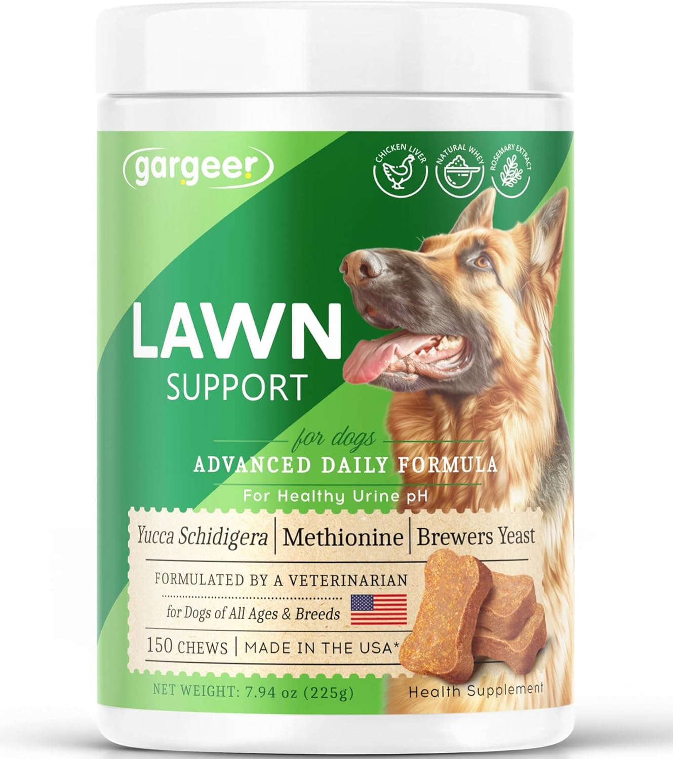 Gargeer Lawn Saver Chews for All Dog Breeds and Ages. Protect Your Grass with Balanced Urine Ammonia and Nitrogen Levels. Vet Created - 150 Duck Flavored Soft Chews. Made in The USA. Enjoy!