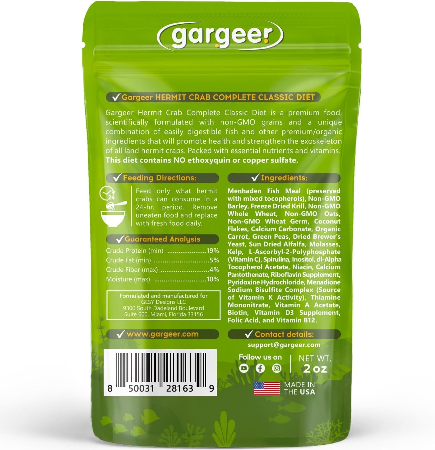 Gargeer Hermit Crab Complete Diet. Non-GMO Premium Ingredients, for All Nutritional and Immune System Needs. 2oz Granular Textured ‘Surprise Your Crab’ Meal. Enjoy!