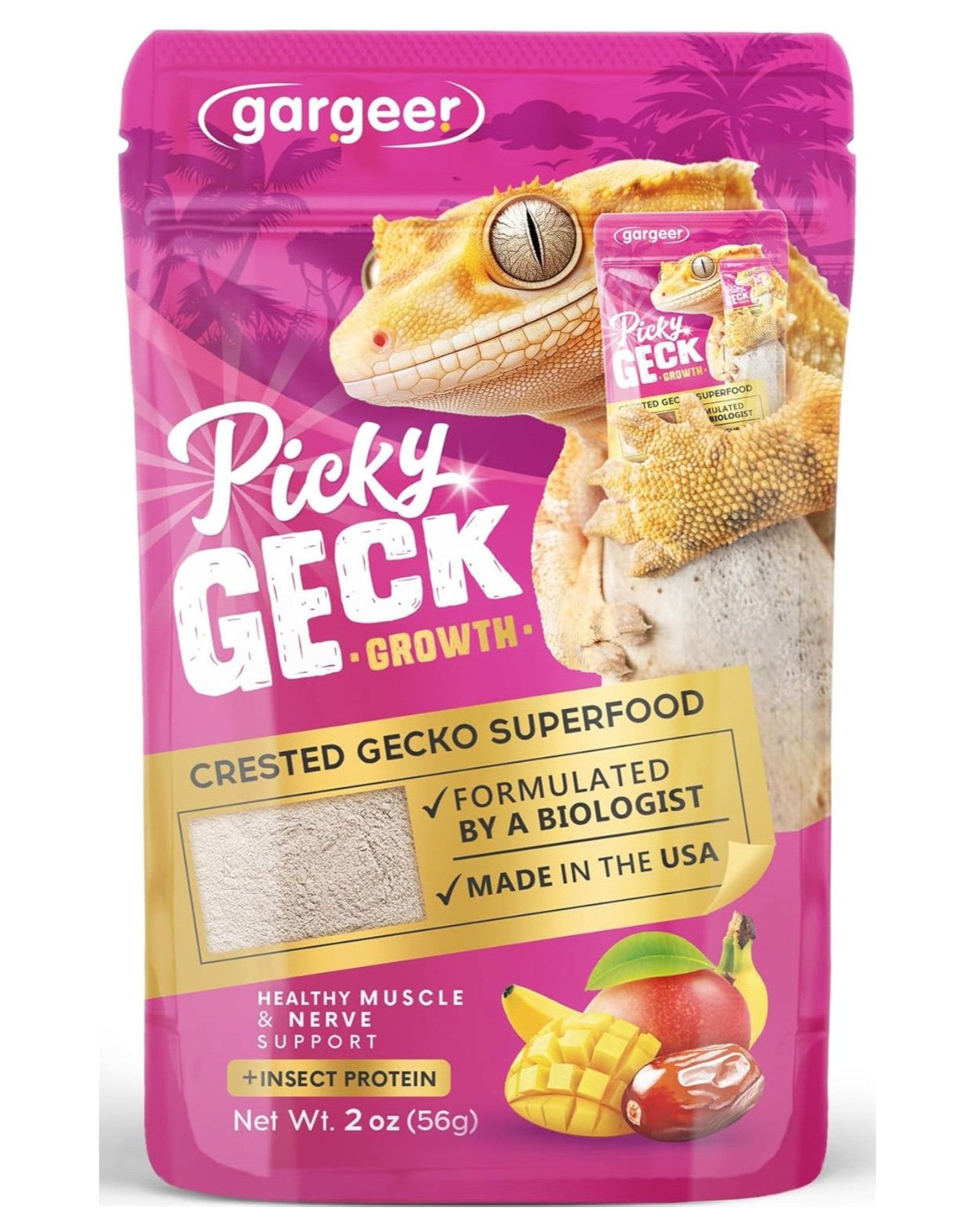 Gargeer 'Picky Geck' Growth - Premium Crested Gecko Food | High-Protein Fruit Formula for Bone & Muscle Support | No Fillers - Only Premium Ingredients | 2oz | Made in USA. Enjoy !