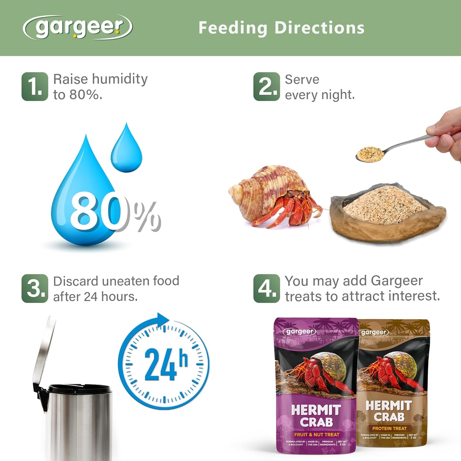 Gargeer 2oz Hermit Crab Seaweed Bounty Complete Diet. Easily Digested, Non-GMO Premium Ingredients Only. Strengthen Your Crab’s Exoskeleton, and Support All Nutritional and Immune System Needs. Enjoy!