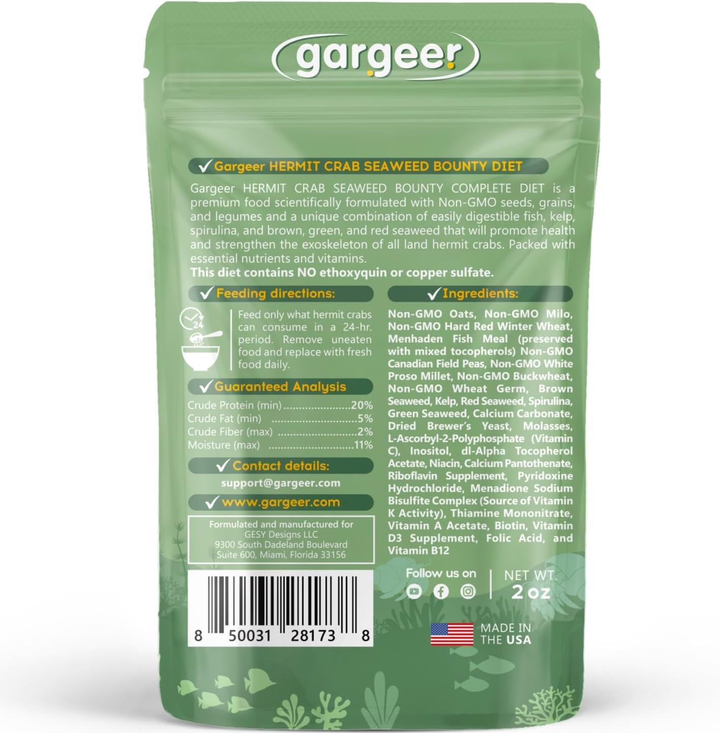 Gargeer 2oz Hermit Crab Seaweed Bounty Complete Diet. Easily Digested, Non-GMO Premium Ingredients Only. Strengthen Your Crab’s Exoskeleton, and Support All Nutritional and Immune System Needs. Enjoy!