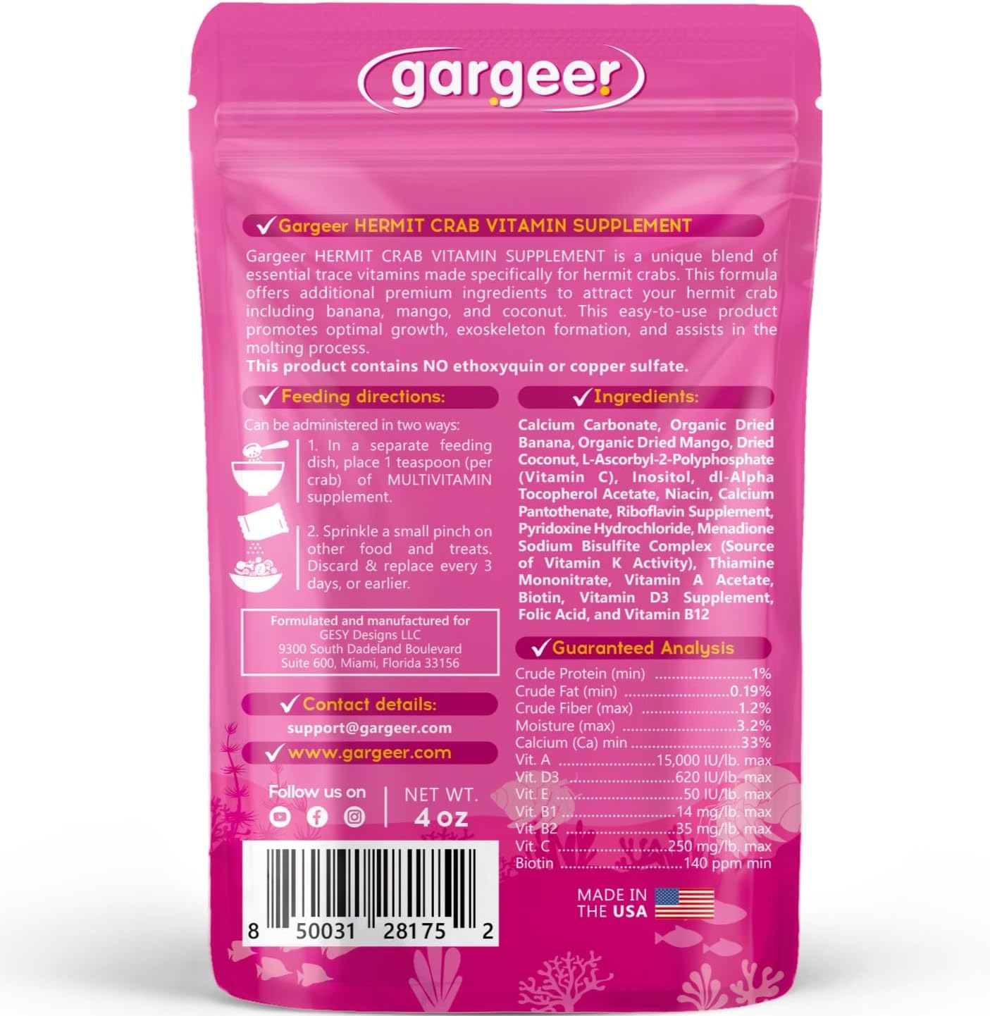Gargeer 4oz Hermit Crab Vitamin Supplement. Premium Trace Minerals to Attract Your Hermit Crab, Promote Optimal Growth, Exoskeleton Formation, and Support The Molting Process. Enjoy!