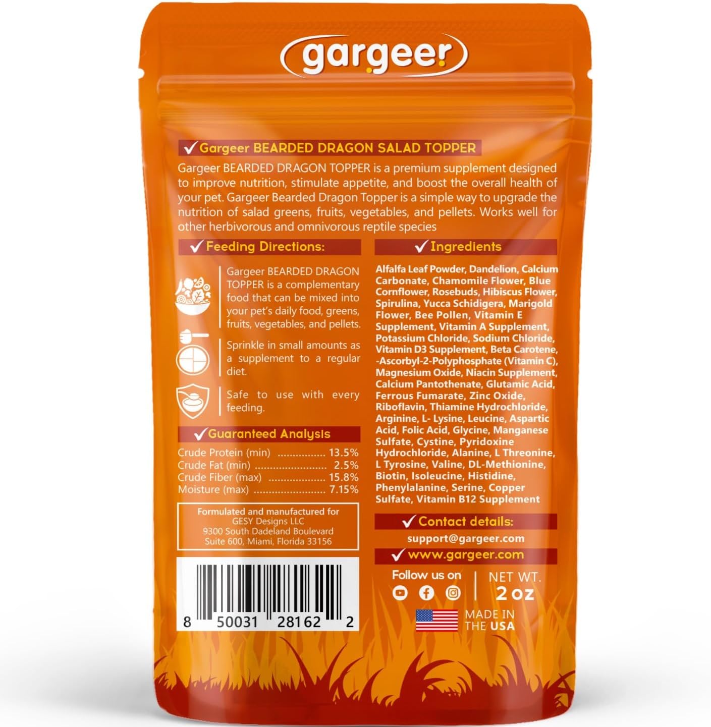 Gargeer Bearded Dragon Salad Topper: Supercharge Healthy Diet Supplement - Essential Nutrition Care Blend for Strength & Robust Immune System in Juvenile & Adult Dragons 2oz