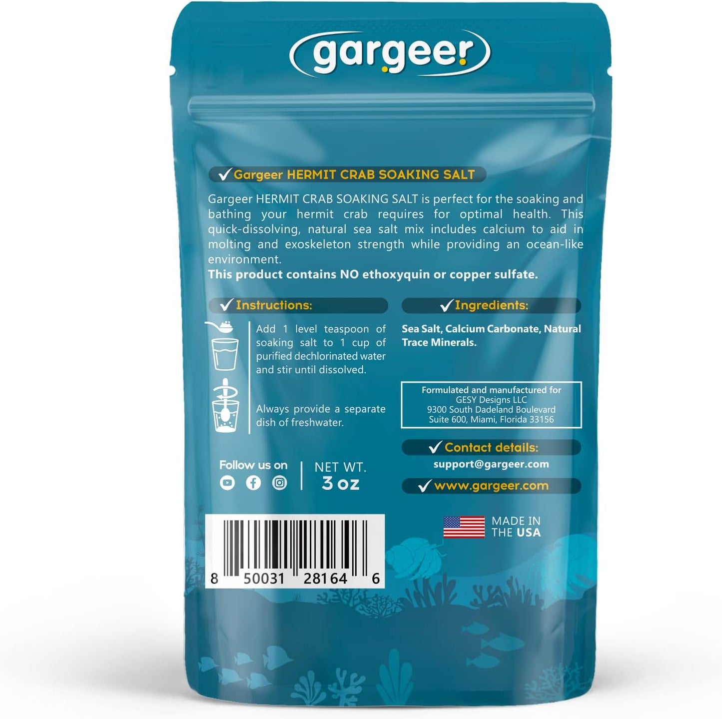 Gargeer Hermit Crab Soaking Salt, Ocean-Like Environment, Includes Calcium and Trace Minerals, No additives or Harmful Ingredients. for Optimal Health and Well-Being