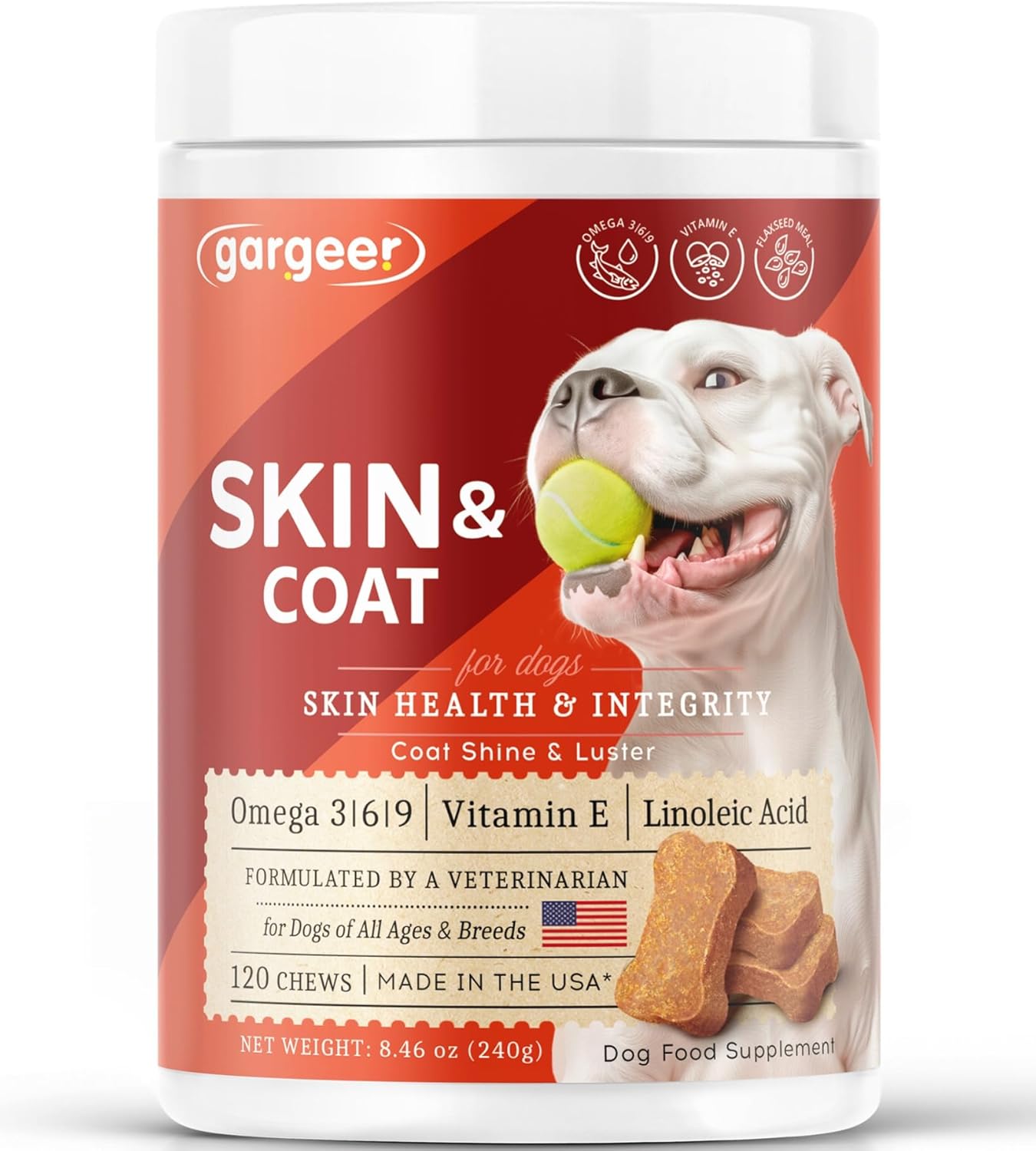 Gargeer Shiny Coat Omega 3-6-9 Supplement. Itchy Skin Relief & Seasonal Allergies Support. Packed with Fatty Acids for Skin & Coat Defense. USA Vet Created - Vegetable Flavor – 120 Soft Chews. Enjoy!