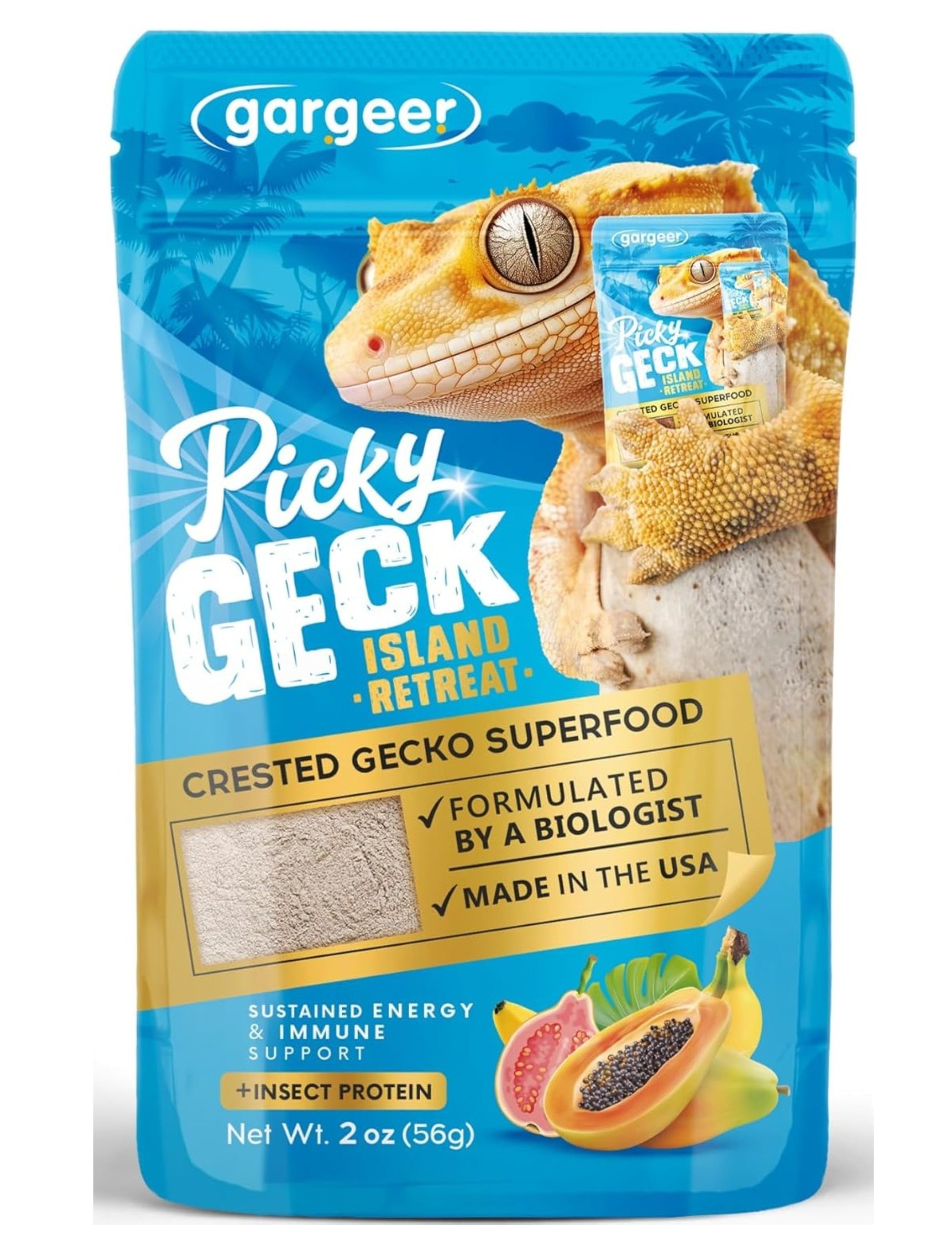 Gargeer 'Picky Geck' Island Retreat - Premium Crested Gecko Food | Sustained Energy & Immune Boost with Premium Tropical Fruit Blend | No Fillers, No Rice Bran - Only Premium Ingredients | 2oz | Made in USA. Enjoy!