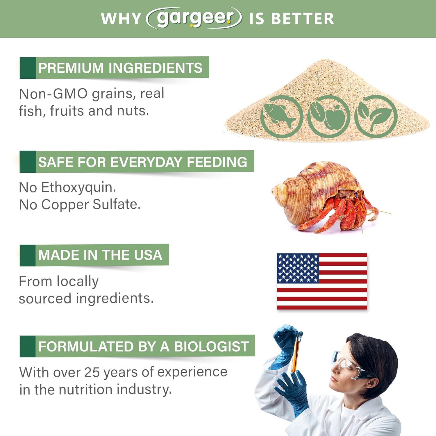 Gargeer 2oz Hermit Crab Seaweed Bounty Complete Diet. Easily Digested, Non-GMO Premium Ingredients Only. Strengthen Your Crab’s Exoskeleton, and Support All Nutritional and Immune System Needs. Enjoy!