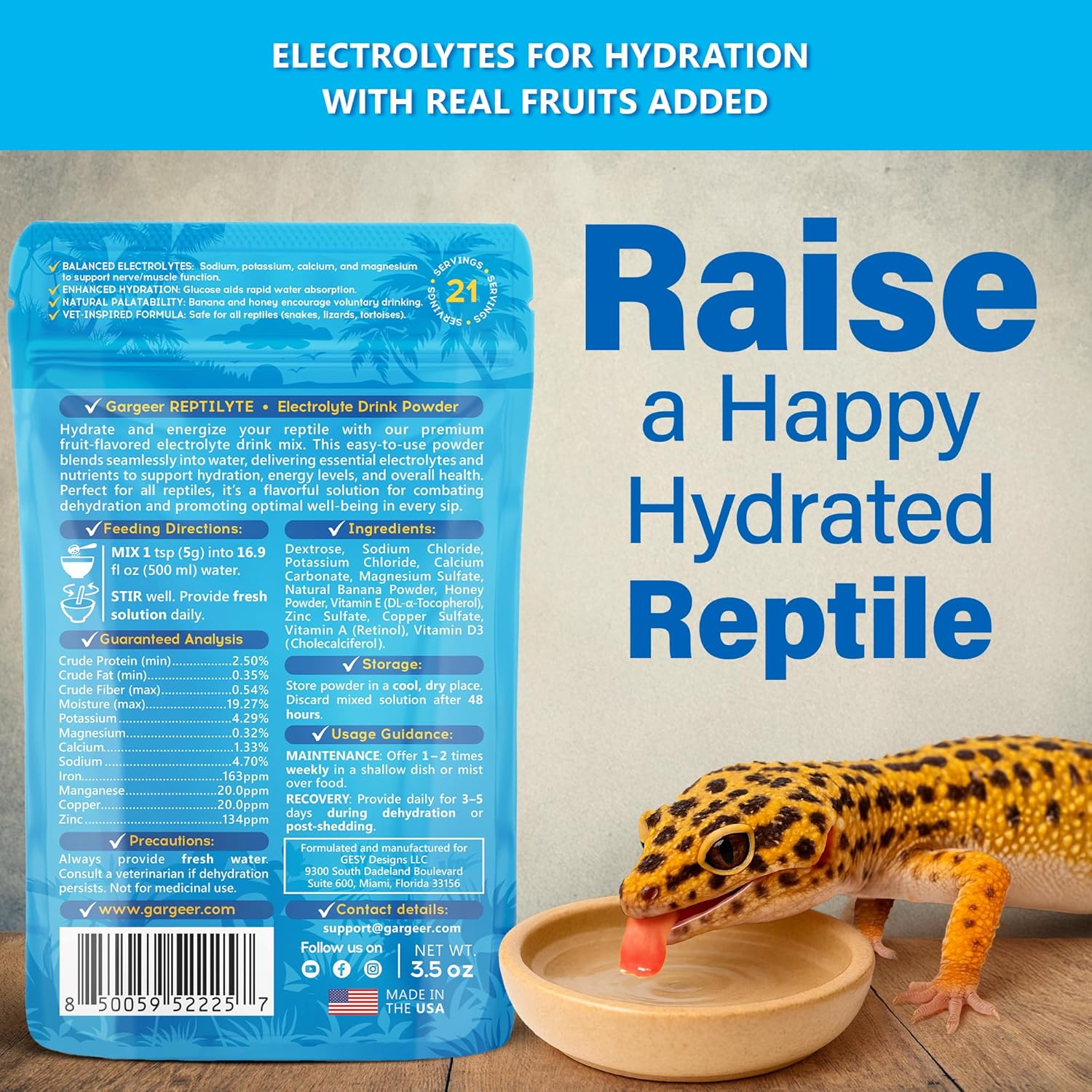 Gargeer 'ReptiLyte' Electrolyte Drink Supplement with Fruit for Reptiles | Hydration & Palatability Boost | Bearded Dragons, Geckos, Lizards, Tortoises | Made in USA. Enjoy!