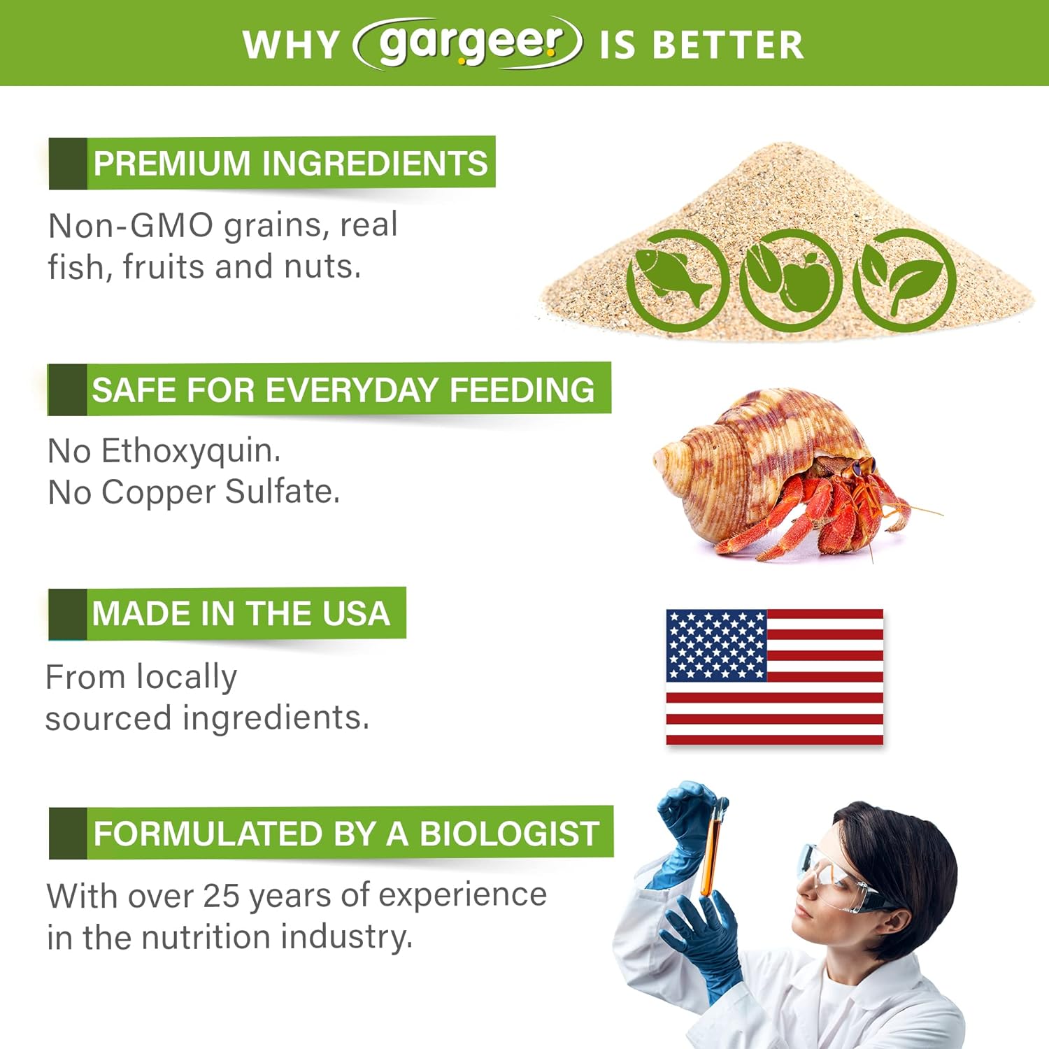 Gargeer Hermit Crab Complete Diet. Non-GMO Premium Ingredients, for All Nutritional and Immune System Needs. 2oz Granular Textured ‘Surprise Your Crab’ Meal. Enjoy!