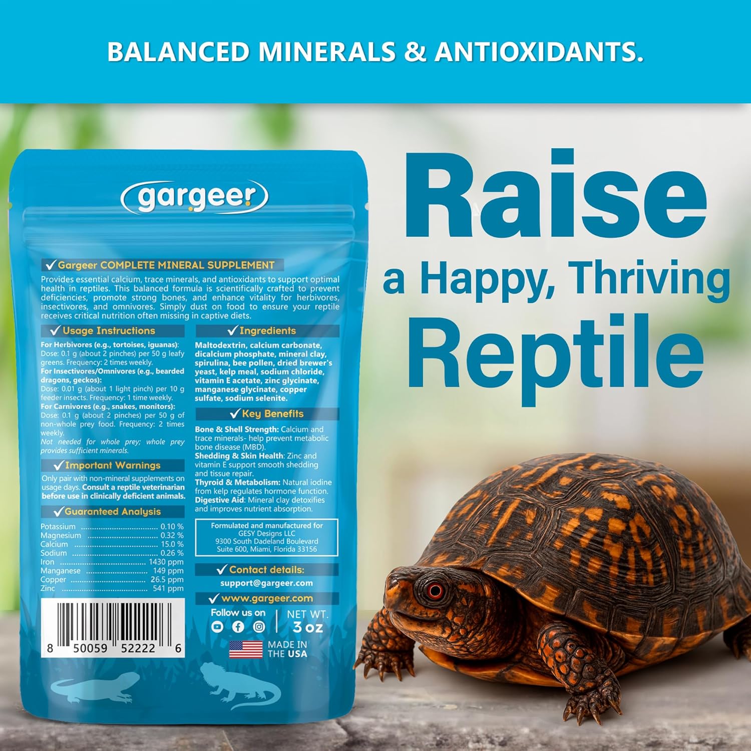 'Complete Minerals Plus' Supplement for All Reptiles | Supports Strong Bones, Shell, Skin, Muscle Function, Metabolism & Clay Minerals Boost | Lizards, Turtles & Tortoises | 3oz | Made in USA. Enjoy!