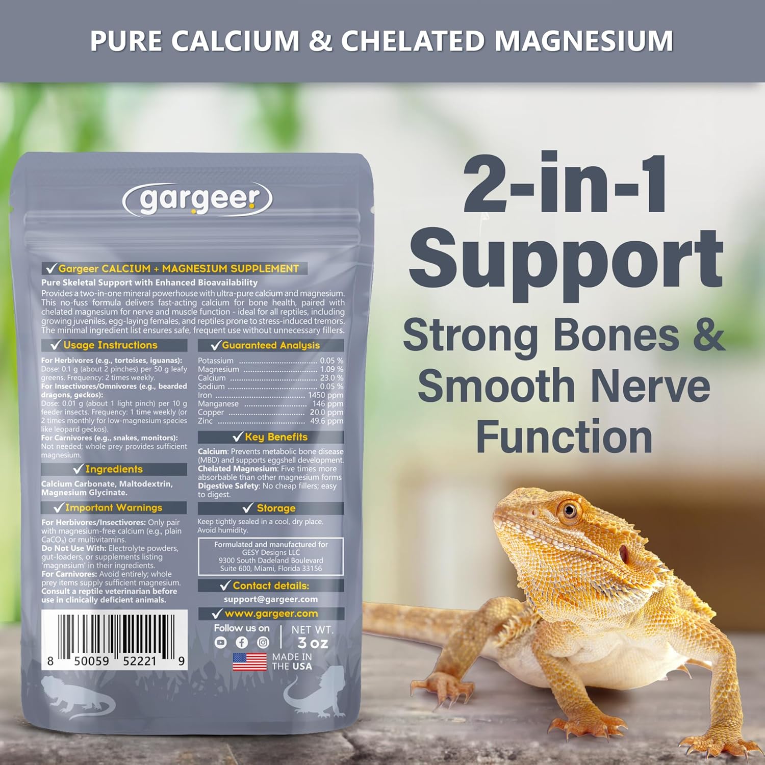 'Magnesium & Calcium' Supplement for All Reptiles | Dual Mineral Support for Strong Bones, Muscle & Nerves Function | Chelated Magnesium for Better Absorption | 3oz | Made in USA. Emjoy!