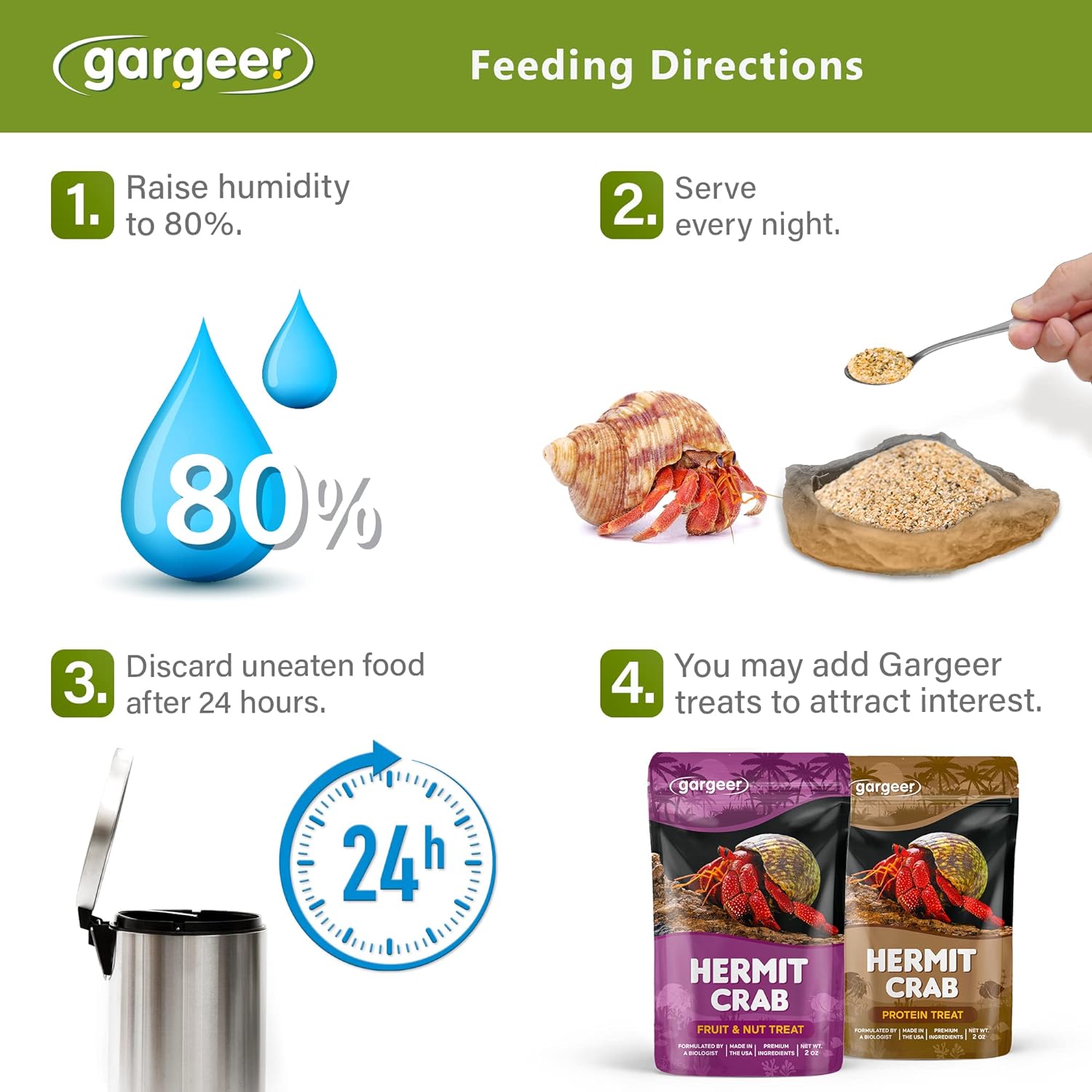 Gargeer Hermit Crab Complete Diet. Non-GMO Premium Ingredients, for All Nutritional and Immune System Needs. 2oz Granular Textured ‘Surprise Your Crab’ Meal. Enjoy!