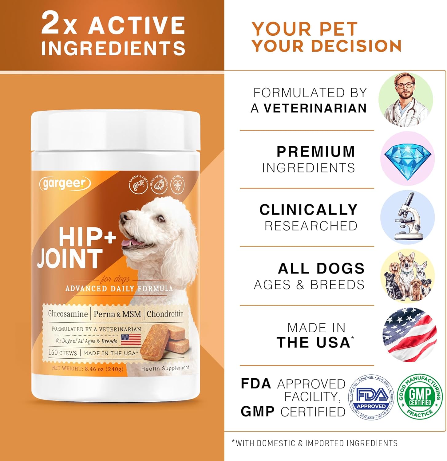 Gargeer Hip & Joint Mobility Health Supplement. Rich with Natural Glucosamine, MSM and Green Lipped Mussel. Vet Created - For All Dog Breeds & Ages. 160 Duck Flavor Soft Chews. Made in the USA. Enjoy!