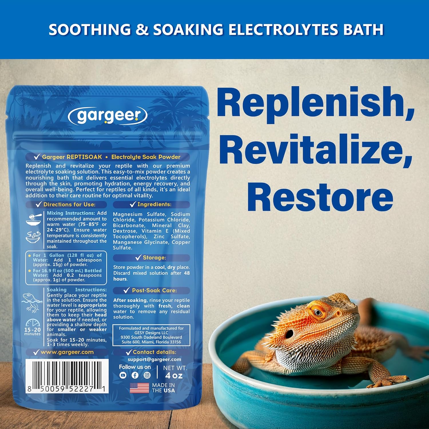 Gargeer Premium ReptiSoak Electrolytes SOAK for Reptiles | Hydration & Recovery Bath Powder for Bearded Dragons, Geckos, Lizards, Tortoises | Electrolyte Reptile Supplement | Made in USA. Enjoy!