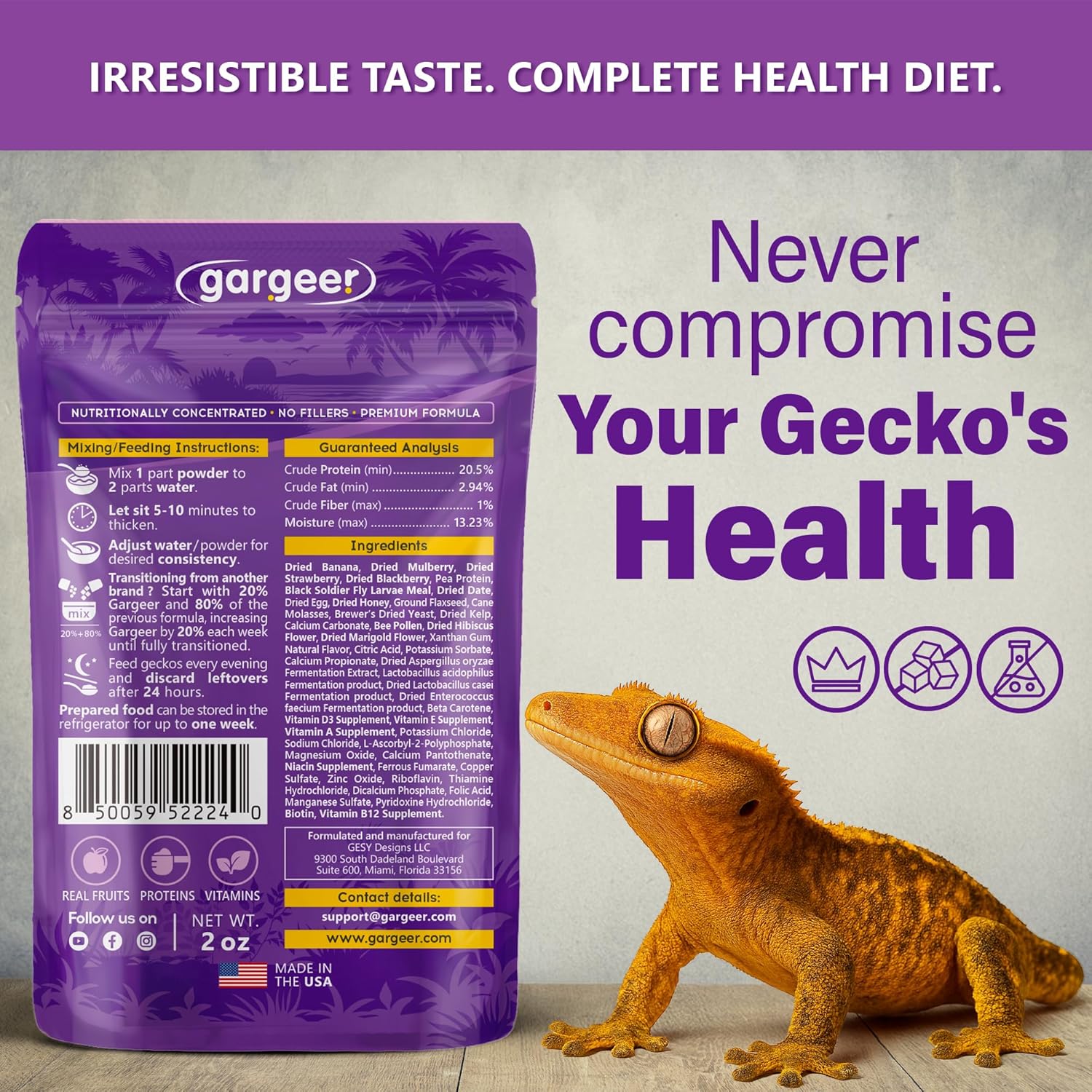 Gargeer 'Picky Geck' Wildberry Burst - Premium Crested Gecko Food | Antioxidant & Immune Support Formula | Real Fruit & Insect Protein | No Fillers - Only Premium Ingredients | 2oz | Made in USA. Enjoy !