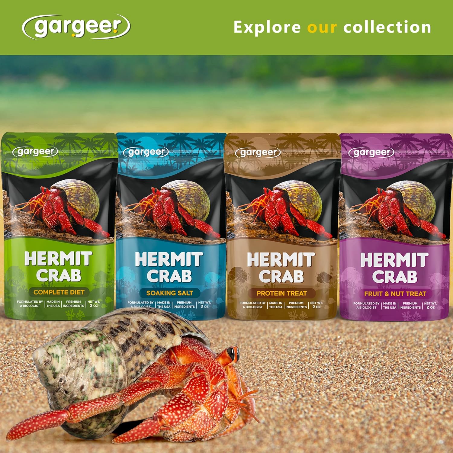 Gargeer Hermit Crab Complete Diet. Non-GMO Premium Ingredients, for All Nutritional and Immune System Needs. 2oz Granular Textured ‘Surprise Your Crab’ Meal. Enjoy!