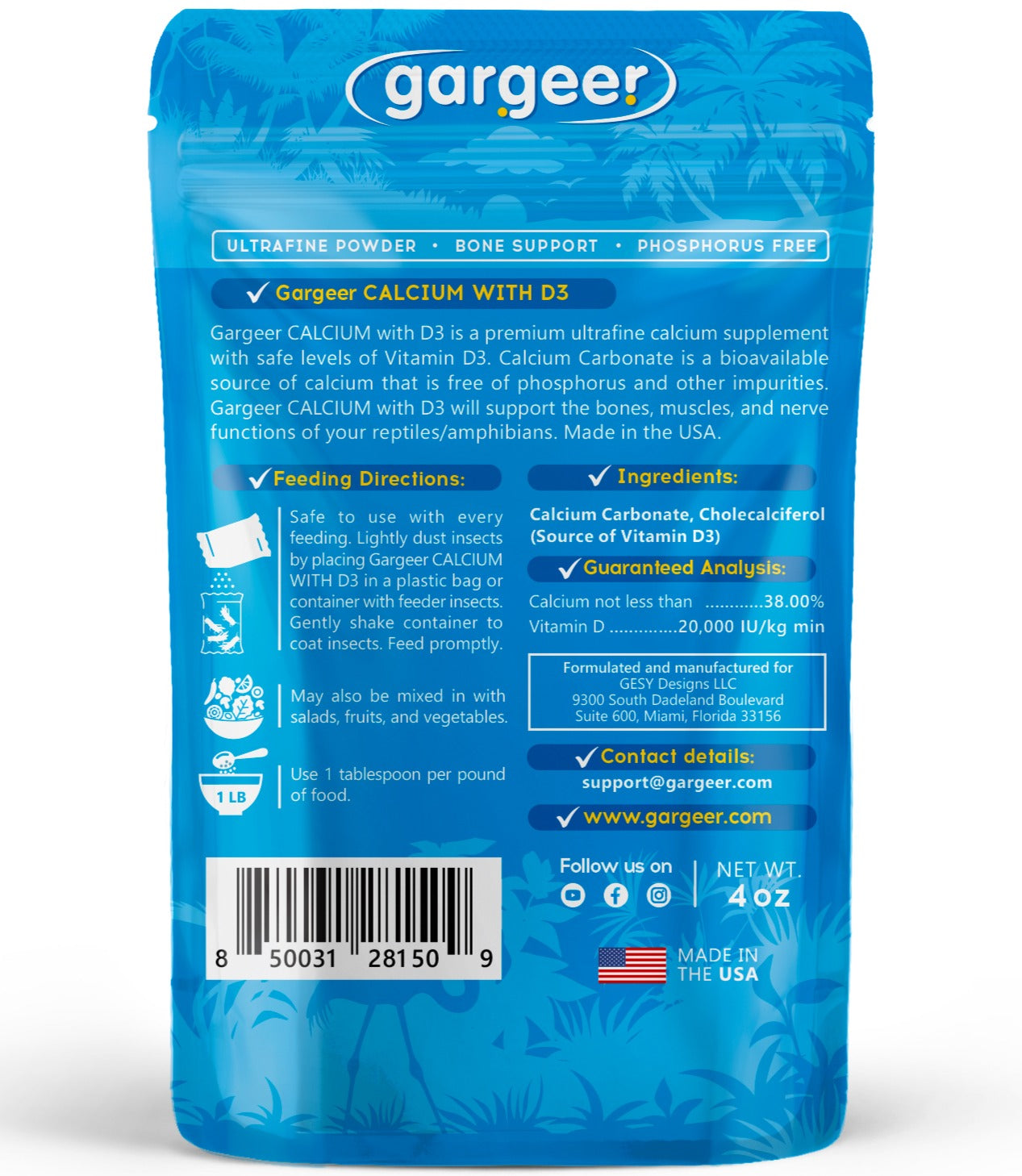 Gargeer 4oz All Reptile Calcium Powder, Phosphorus-Free Ultrafine Powder, Pure Dust With or Without Vitamin D3, Ready to Use for All Reptiles, Lizards & Amphibians Supplement