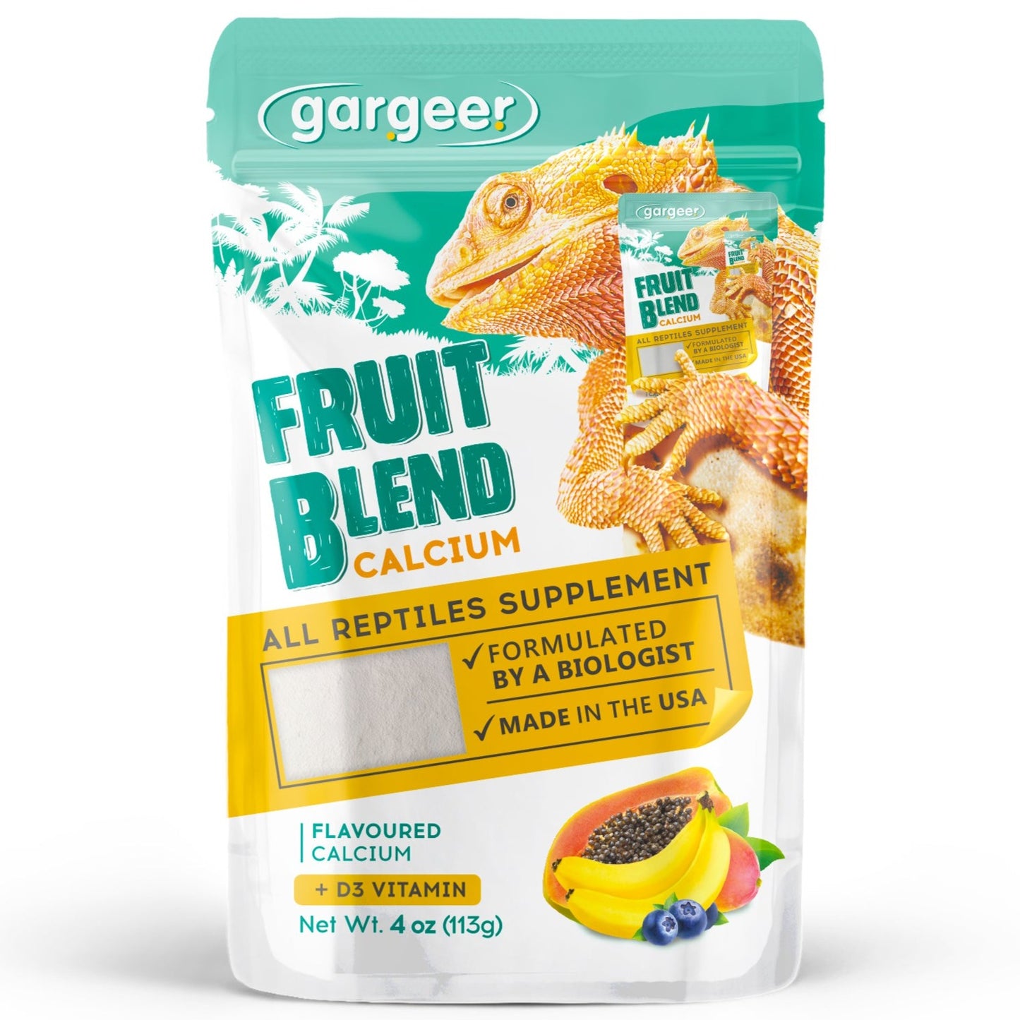 Gargeer 4oz All Reptile Fruit Blend Calcium with Vitamin D3, Phosphorus-Free, Ultrafine Powder