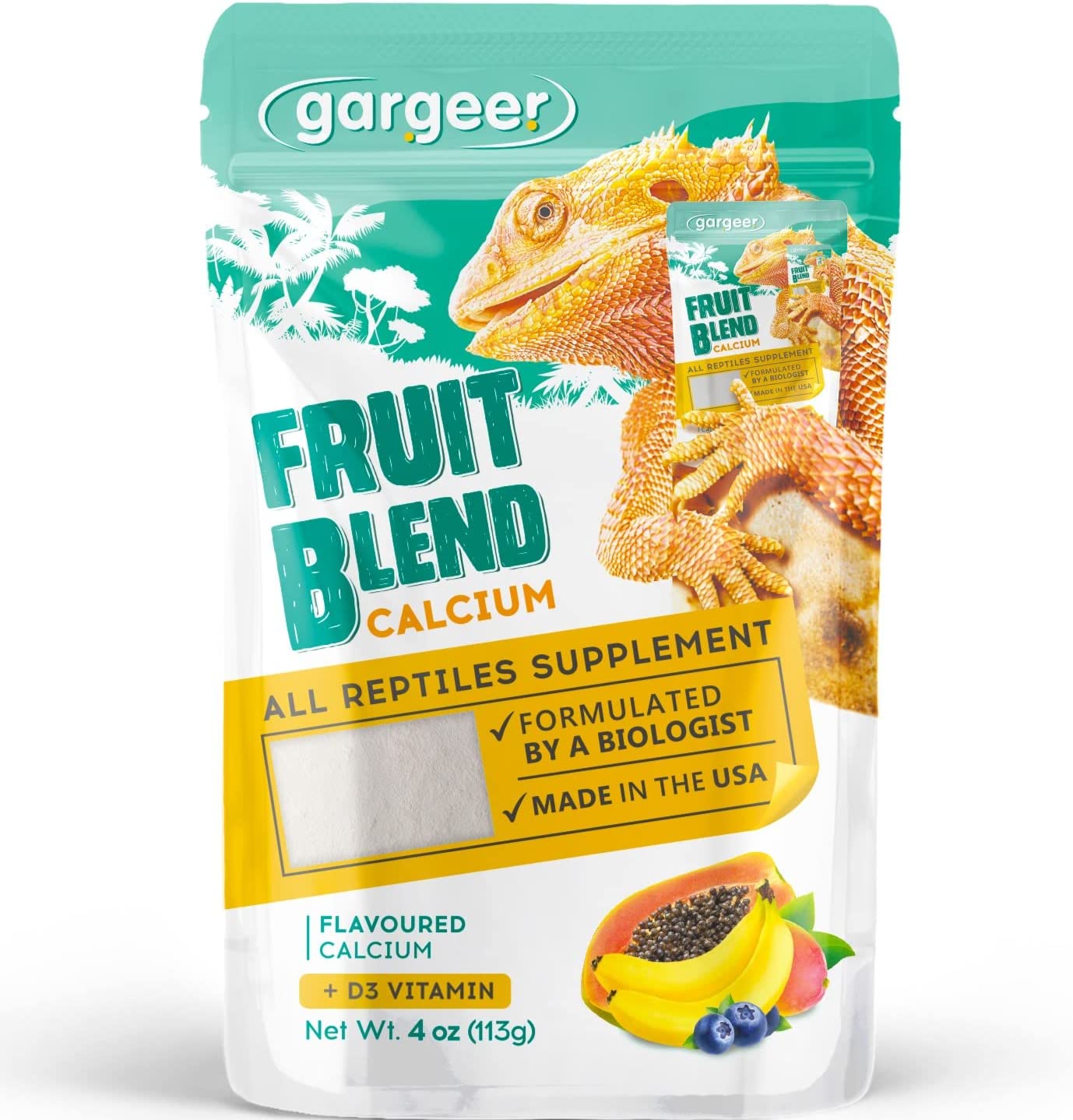 Gargeer 4oz All Reptile Fruit Blend Calcium with Vitamin D3, Phosphorus-Free, Ultrafine Powder