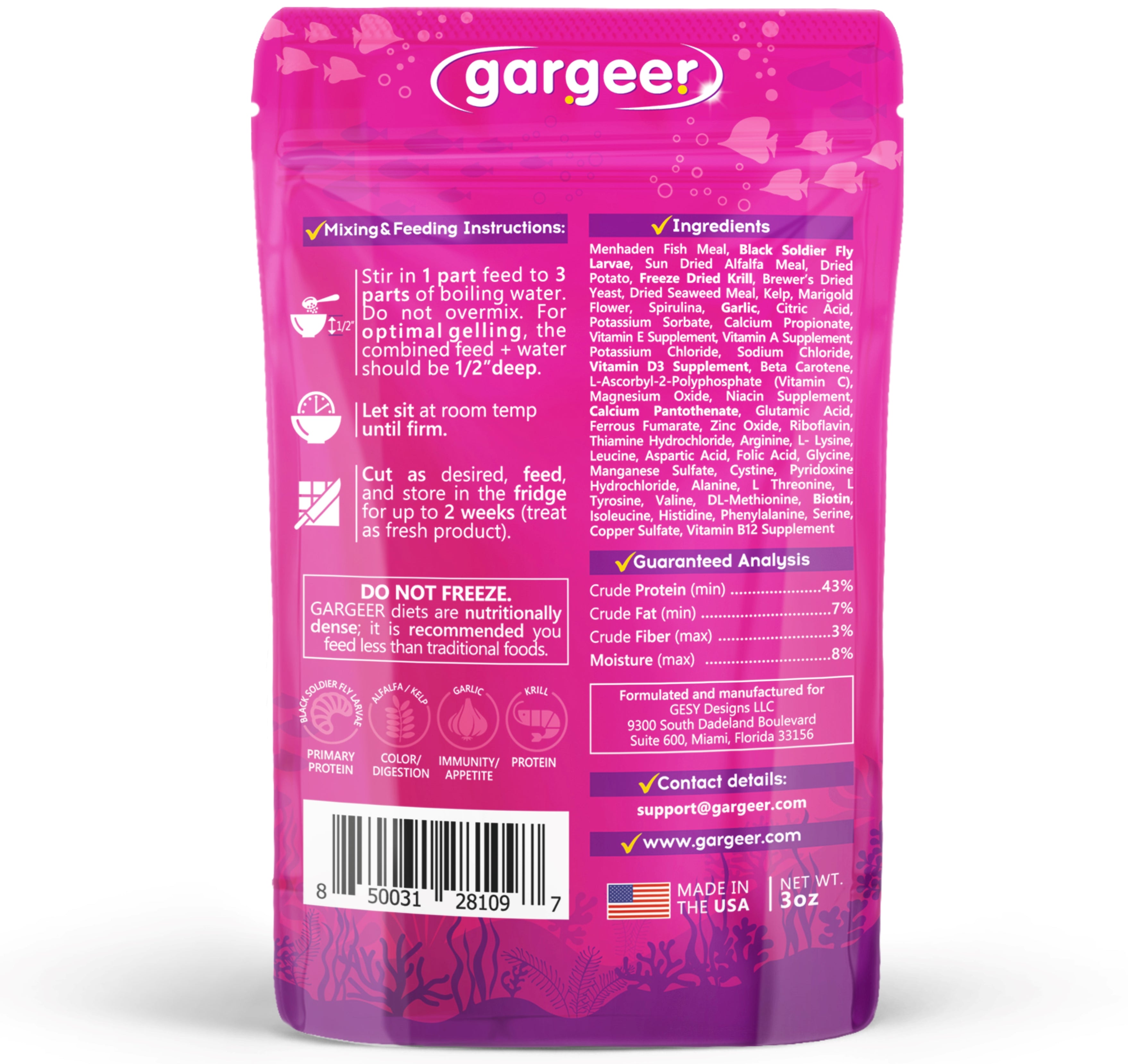 3oz Tropical Omnivore Fish Food Complete Fresh Water Fish Gel Diet for Both Juveniles & Adults