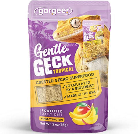 Front of the 2 oz pouch of tropical fruit and insect crested gecko food