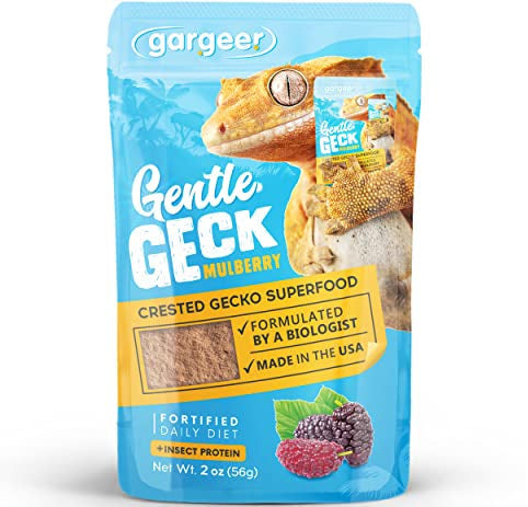 Front of the 2 oz pouch of mulberry and insect crested gecko food