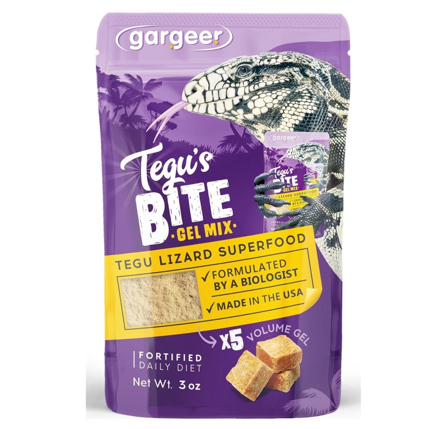 3oz Tegu Lizard Food. Complete Gel Diet for Both Juveniles and Adults. Proudly Made in The USA, Using Premium Ingredients, Fortified Gourmet Formula. Enjoy!