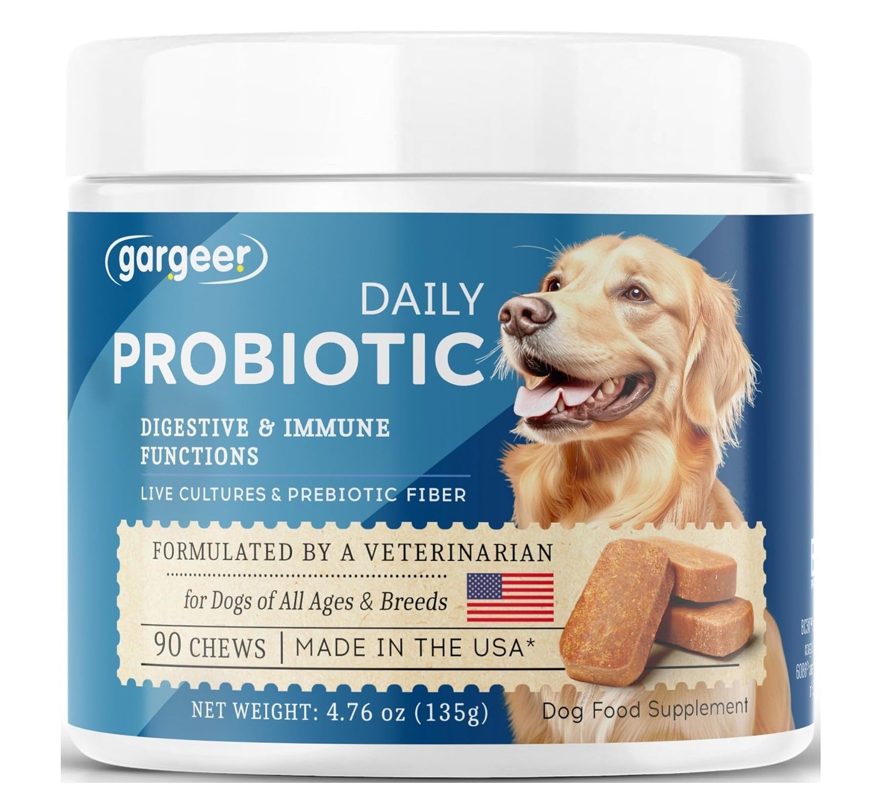 Gargeer Daily Probiotics & Prebiotics for Dogs. Supports Healthy Digestion, Gut Flora & Proper Immune System. for All Dog Breeds & Ages, 60 Delicious Duck Flavored Soft Chews. Made in The USA. Enjoy!