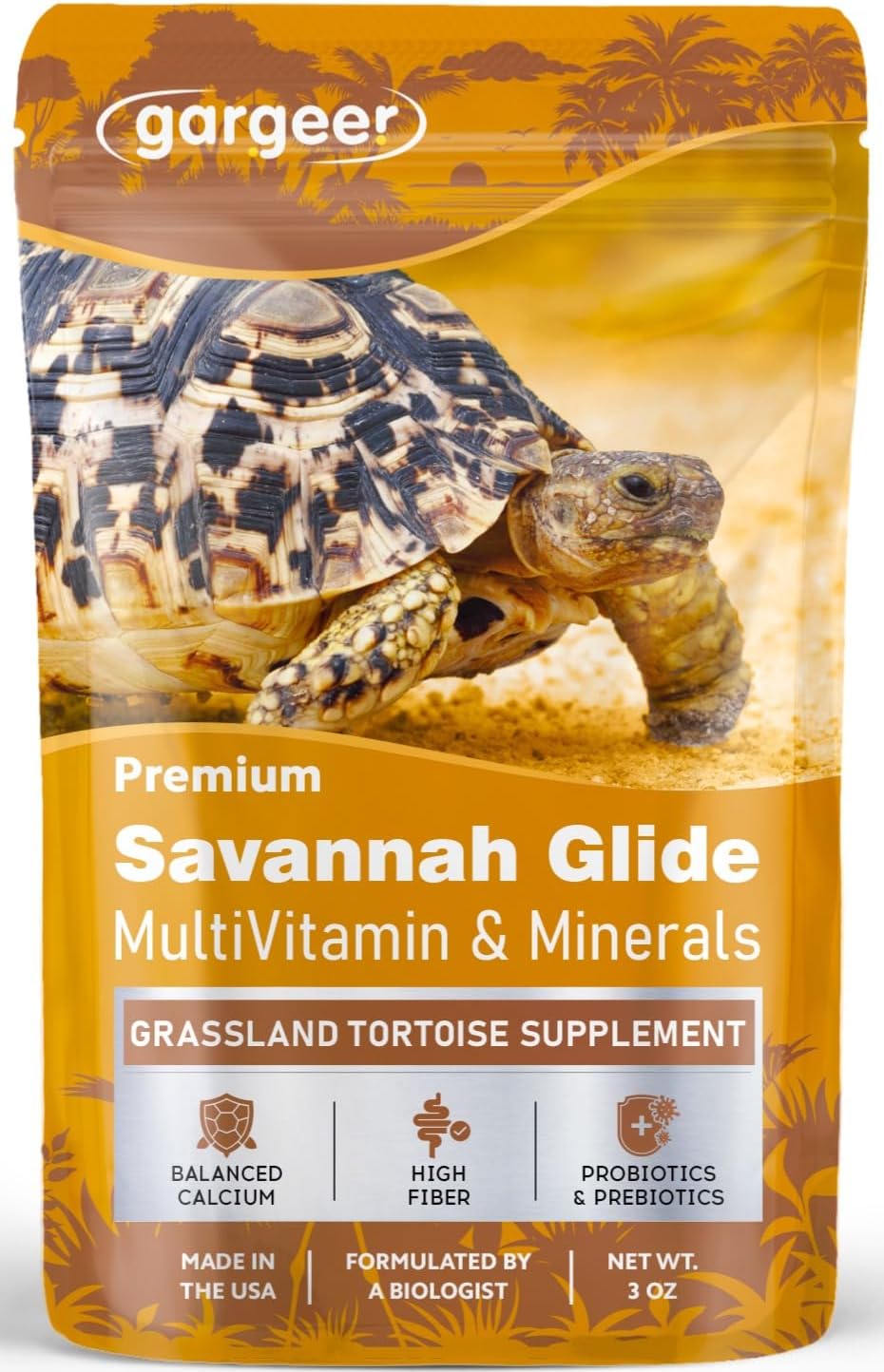 Gargeer Grassland Tortoise Multivitamin & Mineral Powder 3 oz, High Fiber Supplement with Probiotics, Calcium & Vitamins for Sulcata, Russian, Hermann's & Leopard Tortoises. Made in the USA. Enjoy!