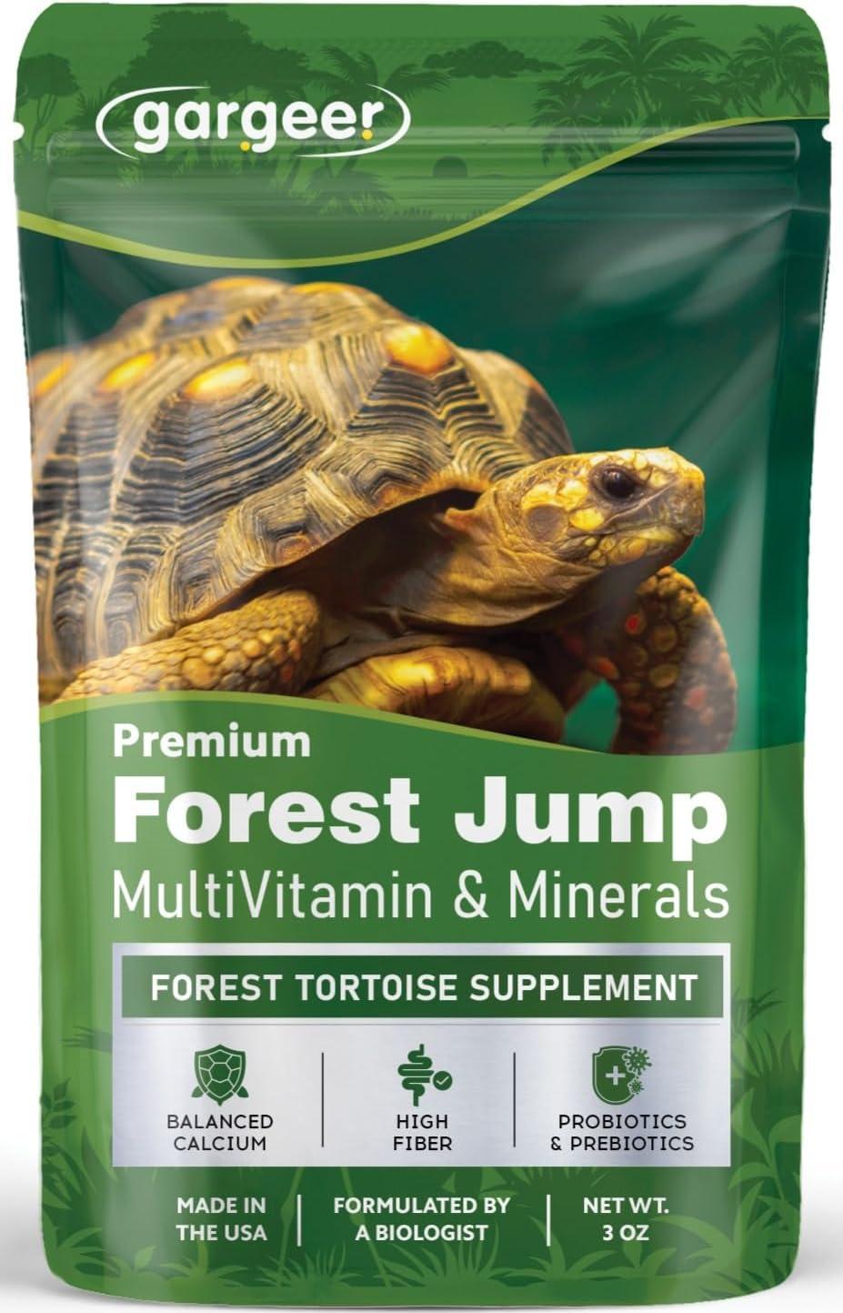 Gargeer Forest Jump - Forest Tortoise Multivitamin & Mineral Powder 2oz, Probiotics, Calcium & Vitamins for Red Foot, Yellow Foot & Hingeback Tortoises & All Forest Tortoises. Made in the USA. Enjoy!