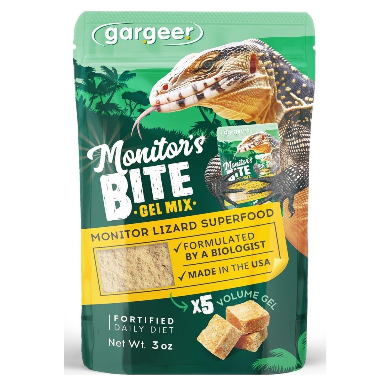 3oz Monitor Lizard Food. Complete Gel Diet for Both Juveniles and Adults. Proudly Made in The USA, Using Premium Ingredients, Fortified Gourmet Formula. Enjoy!