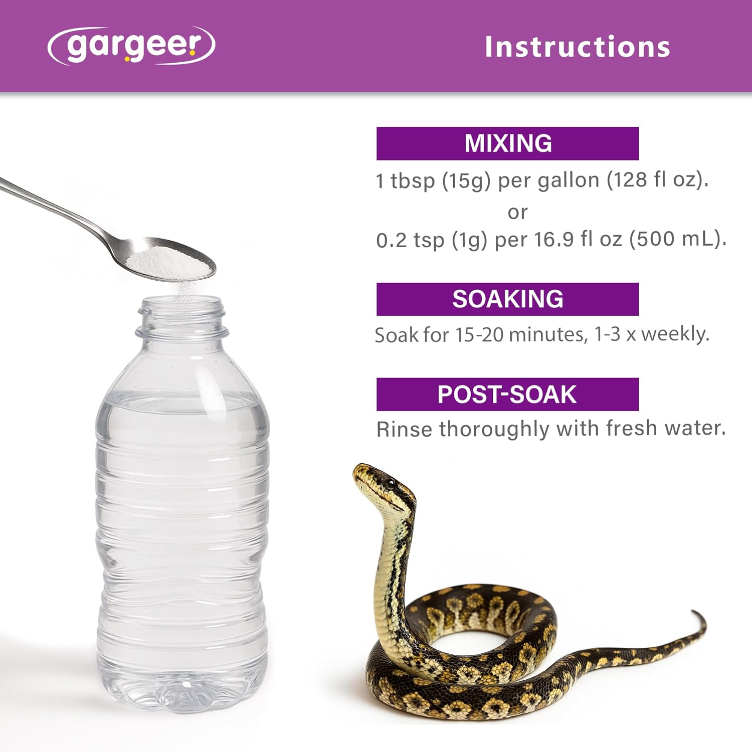 Gargeer 'ReptiShed' Shedding Aid Soak Powder for Reptiles | Stuck Shed Remover for Dragons, Geckos, Lizards, Snakes | Aloe, Chamomile, Hyaluronic Acid | Bath Supplement | Made in The USA. Enjoy!