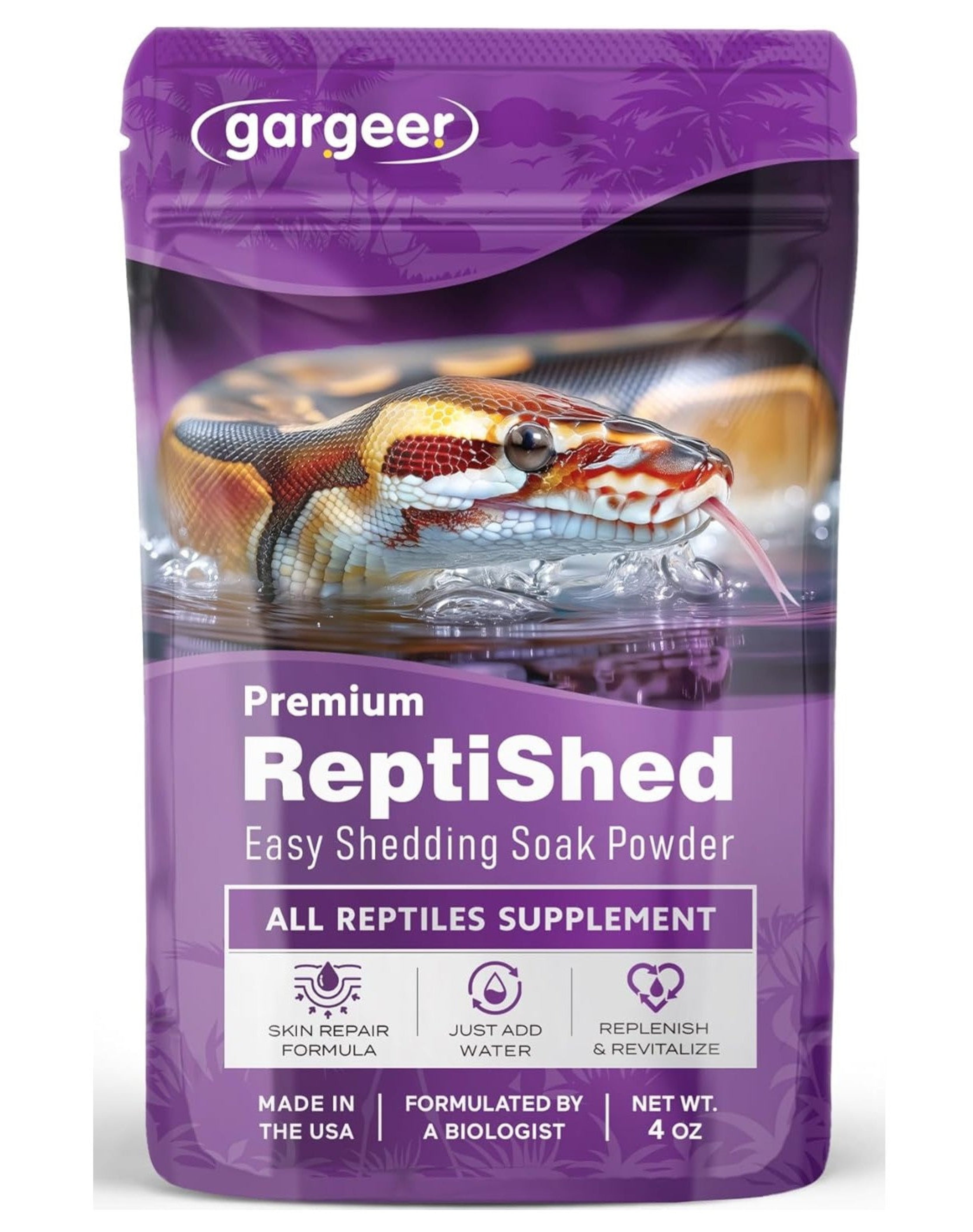 Gargeer 'ReptiShed' Shedding Aid Soak Powder for Reptiles | Stuck Shed Remover for Dragons, Geckos, Lizards, Snakes | Aloe, Chamomile, Hyaluronic Acid | Bath Supplement | Made in The USA. Enjoy!