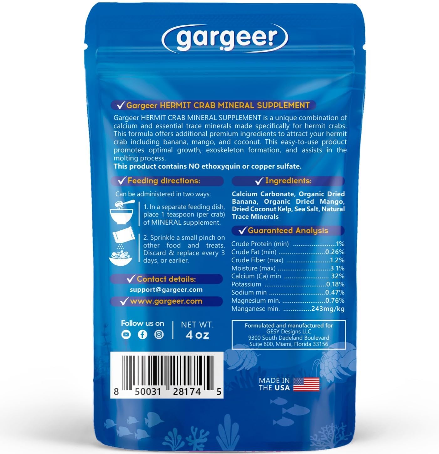 Gargeer 4oz Hermit Crab Mineral Supplement. Using Premium Ingredients ONLY, You Will Now Promote Optimal Growth, Exoskeleton Formation, and Support The Molting Process. Enjoy!
