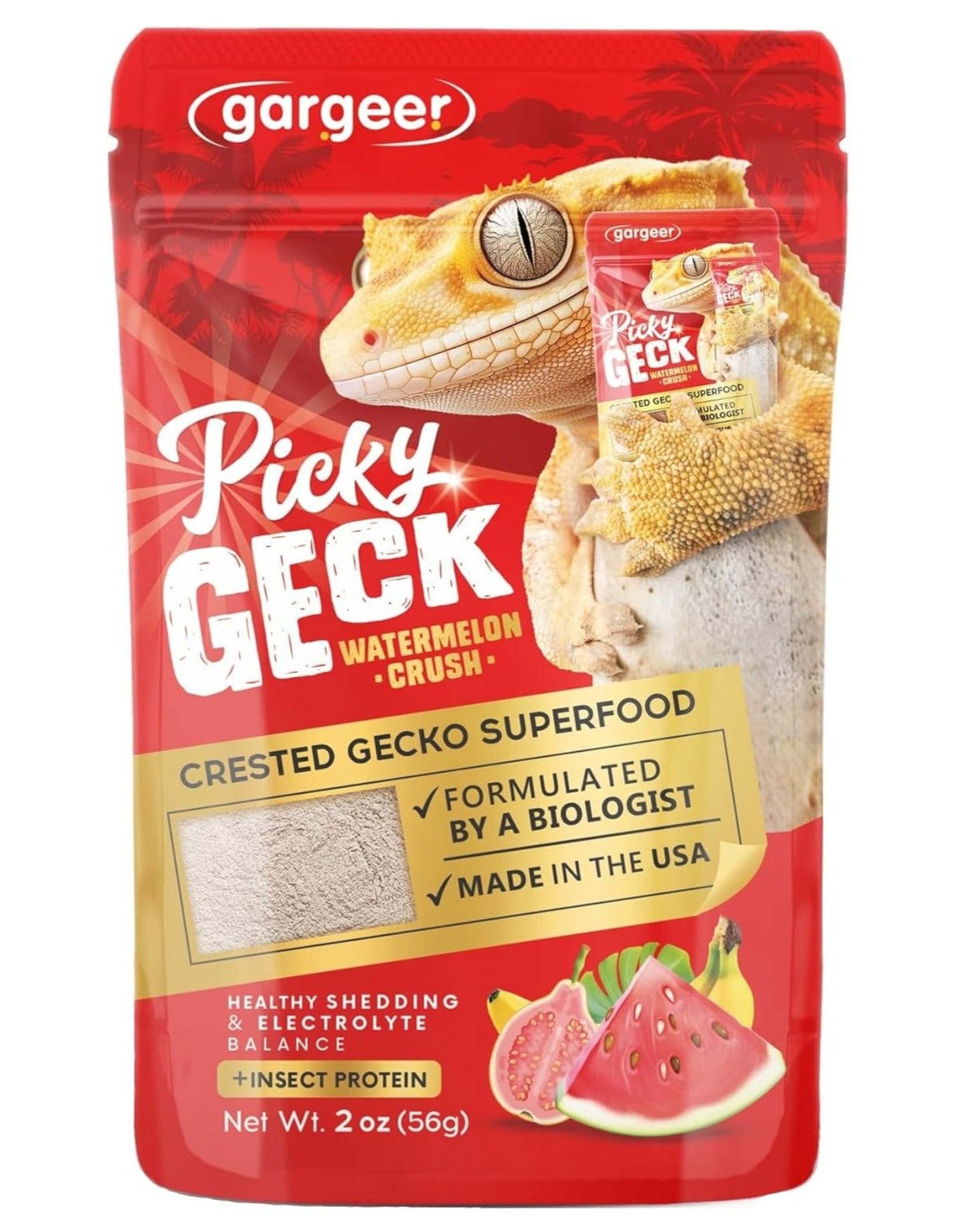 Gargeer 'Picky Geck' Watermelon Crush - Premium Crested Gecko Food | Hydration & Circulation Support with Bee Pollen & Coconut | No Fillers - Only Premium Ingredients | 2oz | Made in USA. Enjoy!