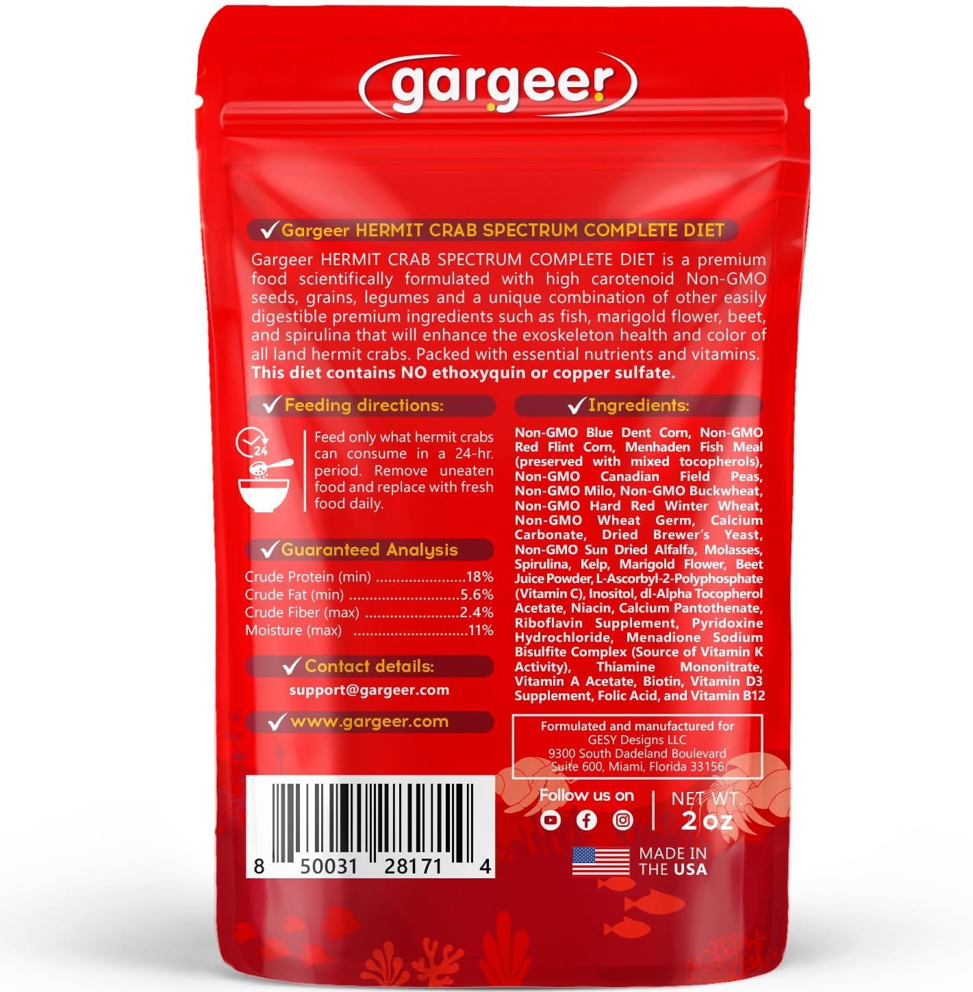 Gargeer 2oz Hermit Crab Spectrum Complete Diet. Easily Digested, Non-GMO Premium Ingredients Only. Strengthen, Beautify Crab’s Exoskeleton & Support All Nutritional and Immune System Needs. Enjoy!