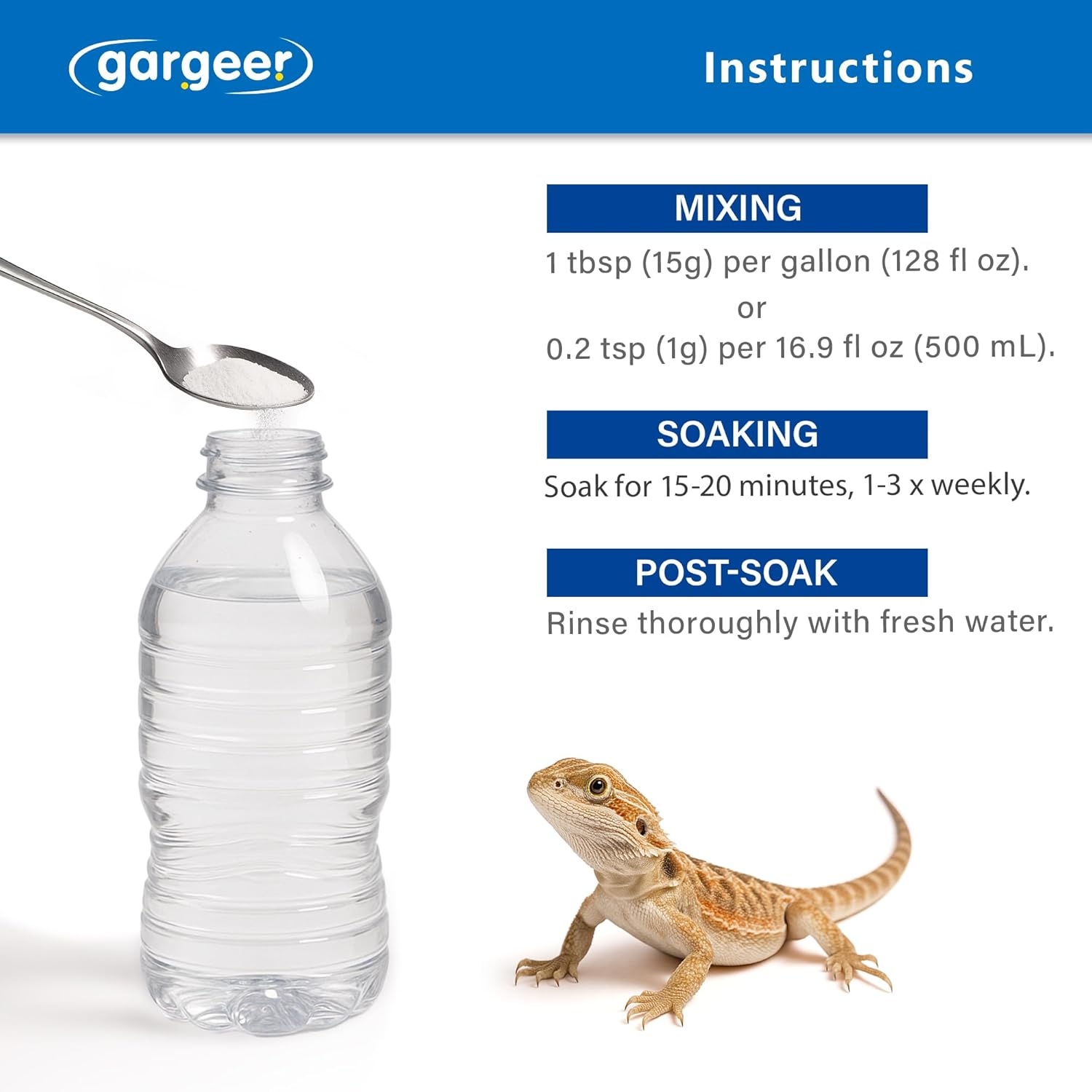 Gargeer Premium ReptiSoak Electrolytes SOAK for Reptiles | Hydration & Recovery Bath Powder for Bearded Dragons, Geckos, Lizards, Tortoises | Electrolyte Reptile Supplement | Made in USA. Enjoy!
