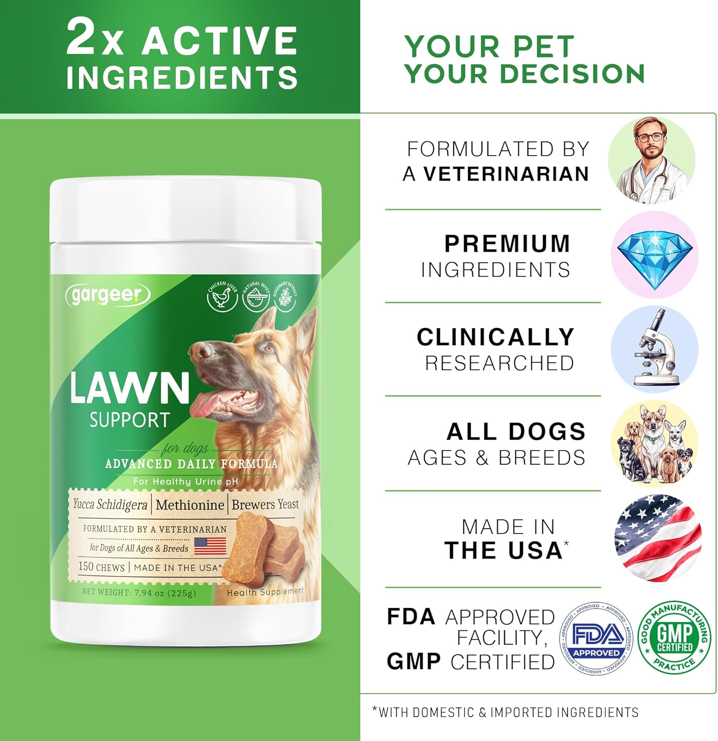 Gargeer Lawn Saver Chews for All Dog Breeds and Ages. Protect Your Grass with Balanced Urine Ammonia and Nitrogen Levels. Vet Created - 150 Duck Flavored Soft Chews. Made in The USA. Enjoy!