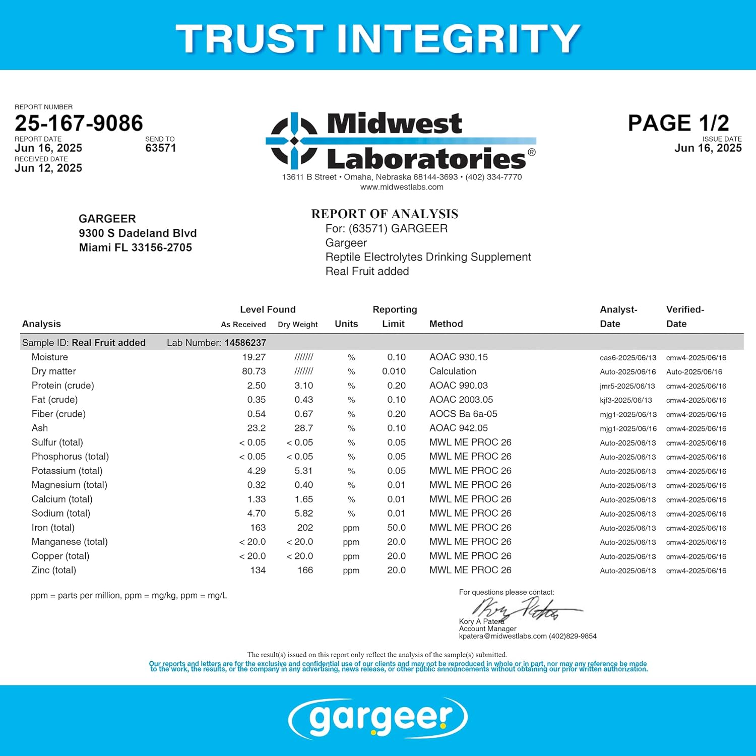 Gargeer 'ReptiLyte' Electrolyte Drink Supplement with Fruit for Reptiles | Hydration & Palatability Boost | Bearded Dragons, Geckos, Lizards, Tortoises | Made in USA. Enjoy!