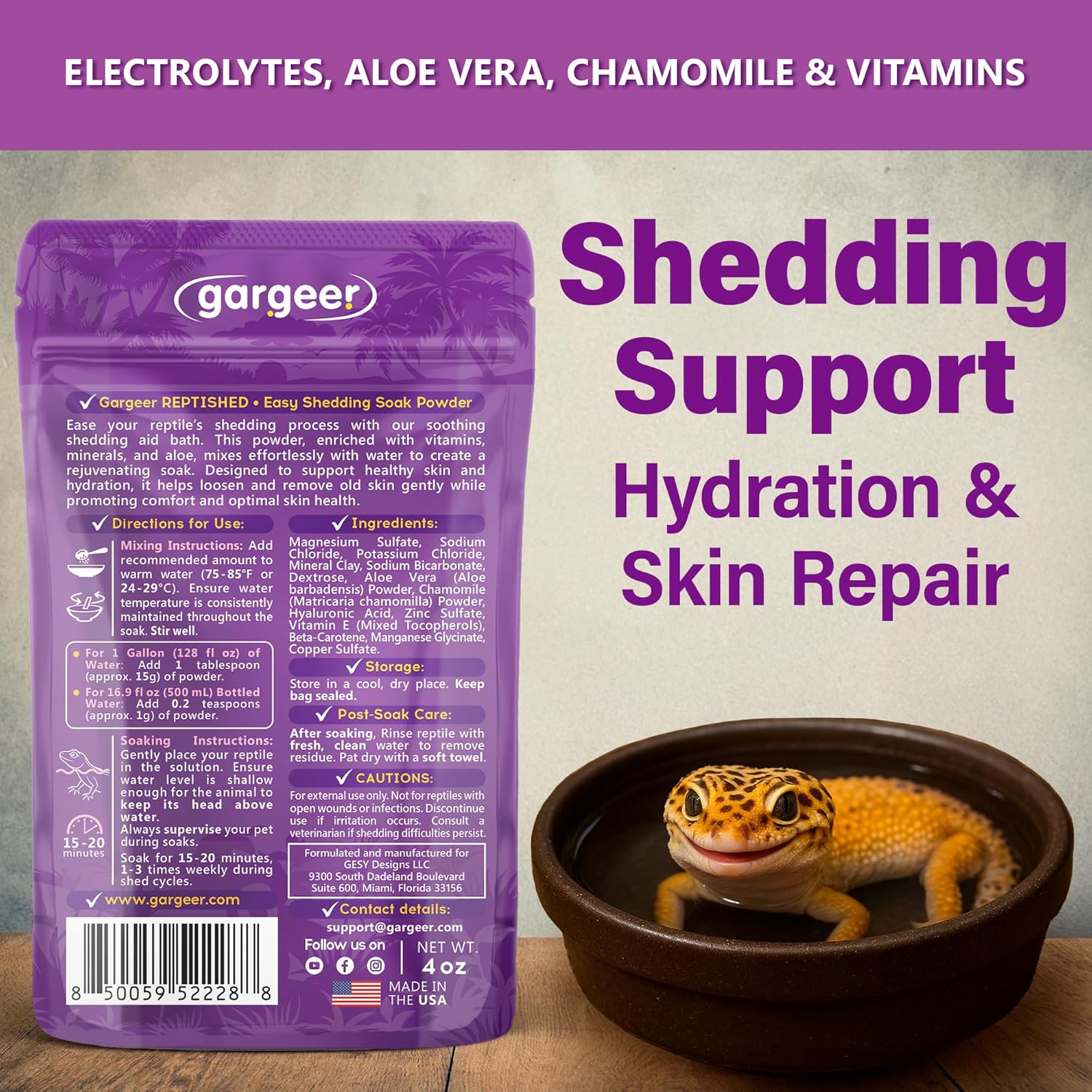Gargeer 'ReptiShed' Shedding Aid Soak Powder for Reptiles | Stuck Shed Remover for Dragons, Geckos, Lizards, Snakes | Aloe, Chamomile, Hyaluronic Acid | Bath Supplement | Made in The USA. Enjoy!
