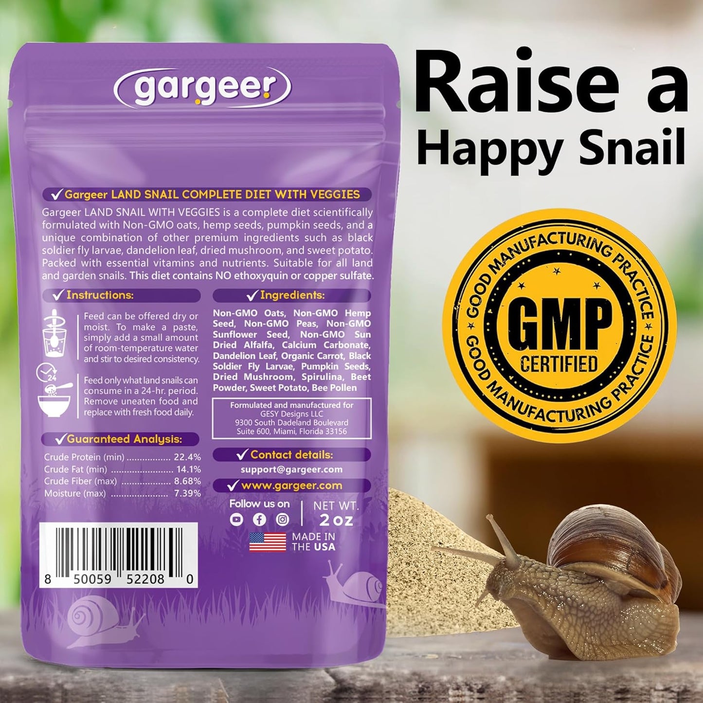 2oz Land Snail Veggie Complete Diet. Nutritious, Balanced, and Safe Non-GMO, No Ethoxyquin or Copper Sulfate Food Option. They’ll Live Long and Prosper. Proudly Made in The USA. Enjoy!