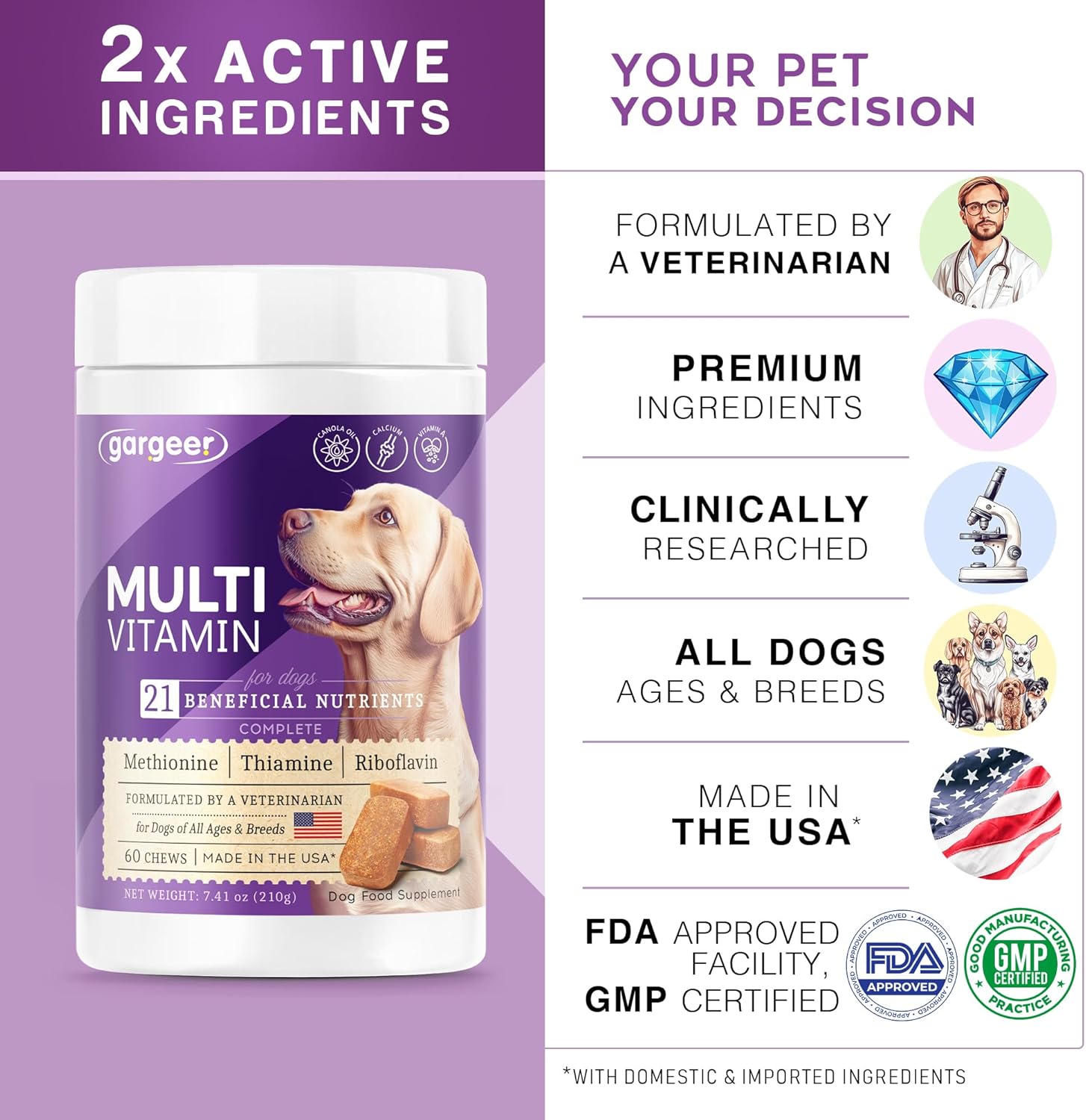Gargeer Dog Multivitamin 21-in-1 Chews for Dogs. Rich with Fatty Acids & Antioxidants. Supports Healthy Gut, Mobility & Immune System. for Seniors and Puppies – 60 Soft Chews, Made in The USA, Enjoy!