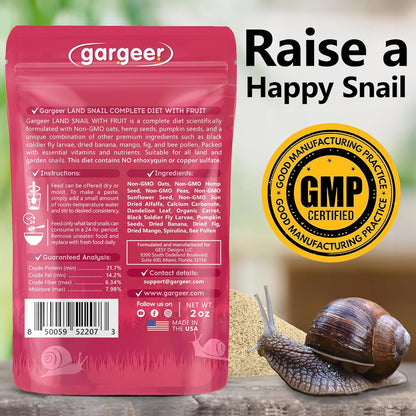 2oz Land Snail Complete Diet with Fruit. Nutritious, Balanced, Non-GMO, No Ethoxyquin or Copper Sulfate Food Option. Enriched with Dried Banana, Mango, and bee Pollen. Proudly Made in The USA