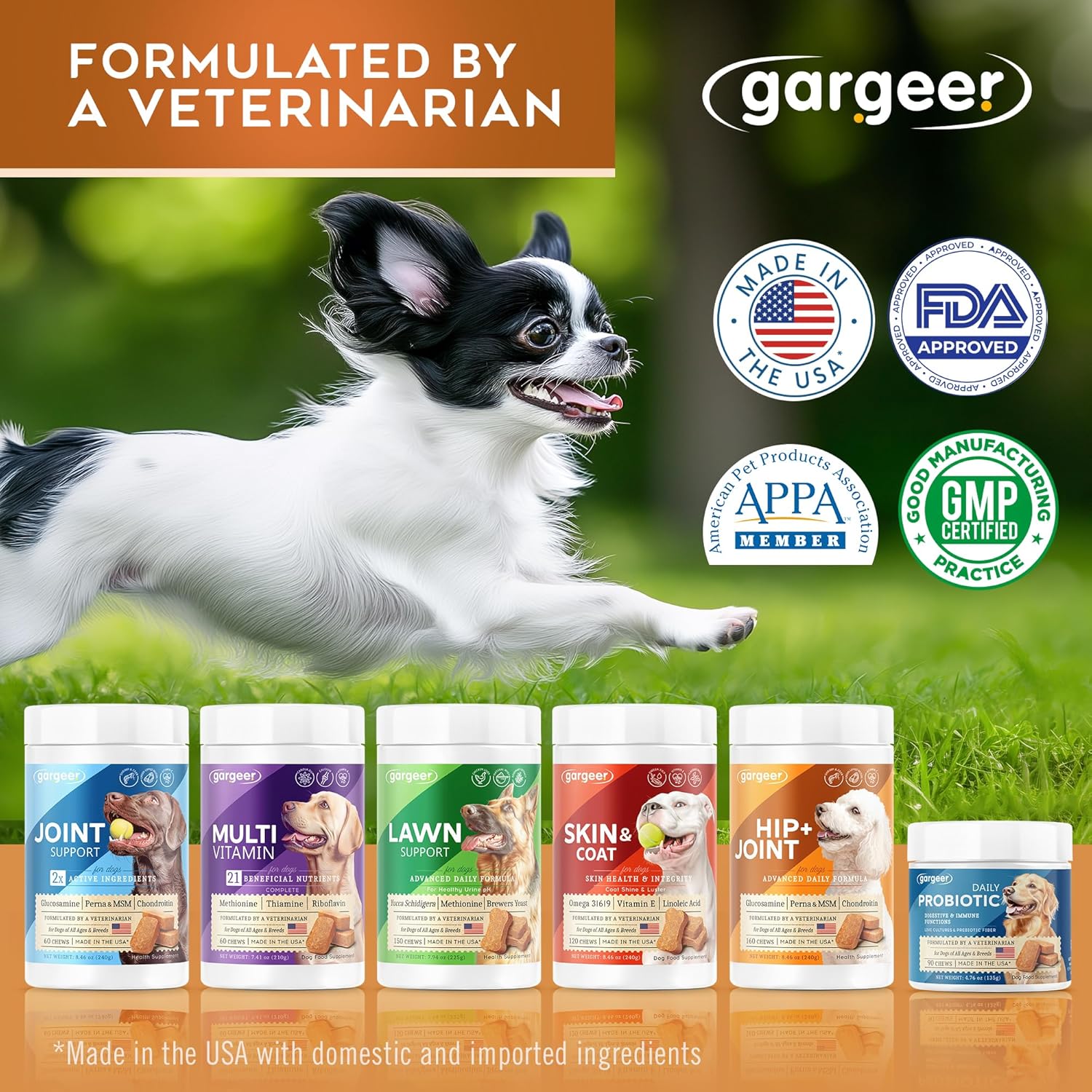 Gargeer Hip & Joint Mobility Health Supplement. Rich with Natural Glucosamine, MSM and Green Lipped Mussel. Vet Created - For All Dog Breeds & Ages. 160 Duck Flavor Soft Chews. Made in the USA. Enjoy!