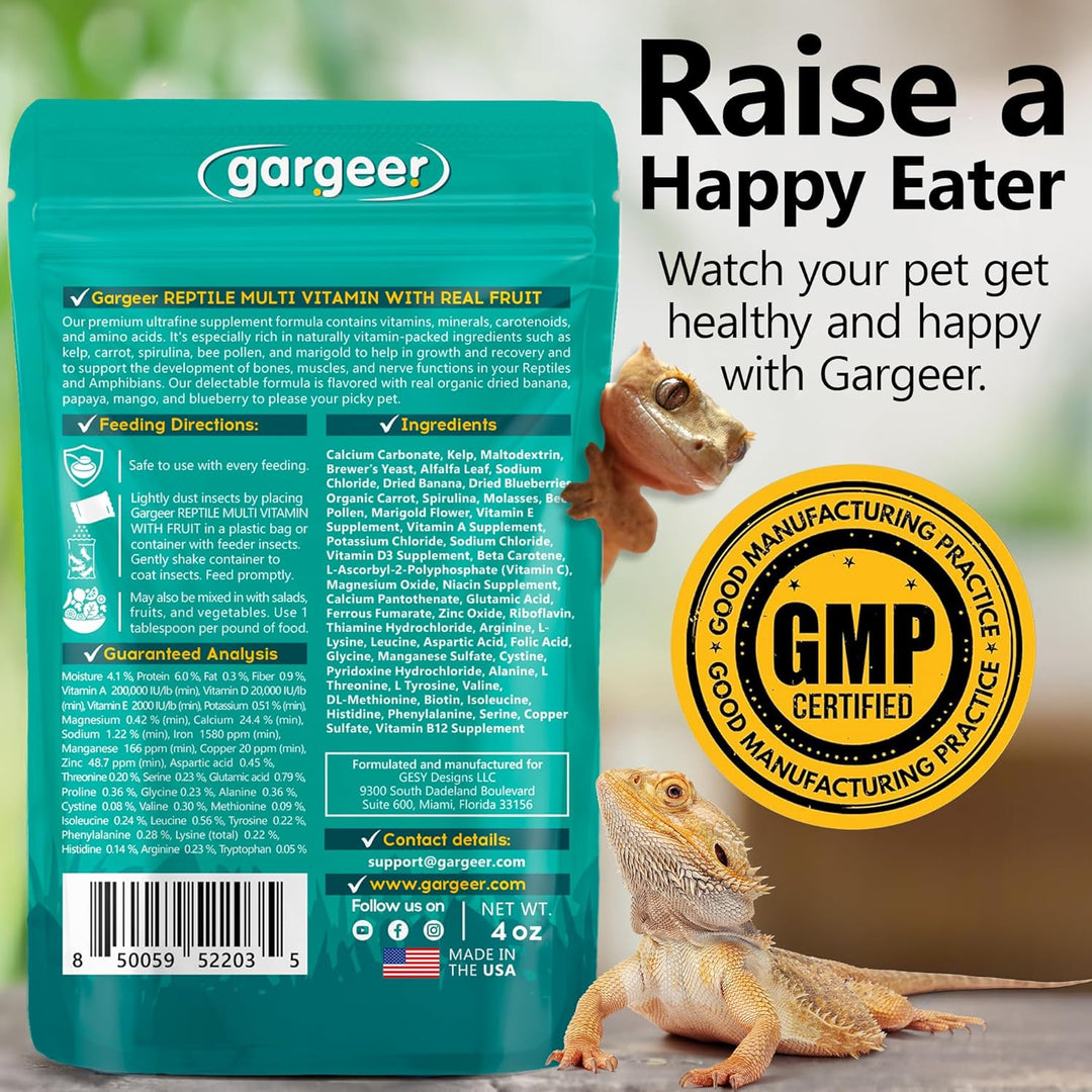 Back of the pouch for the multivitamin powder with real fruit, with the GMP-certified seal