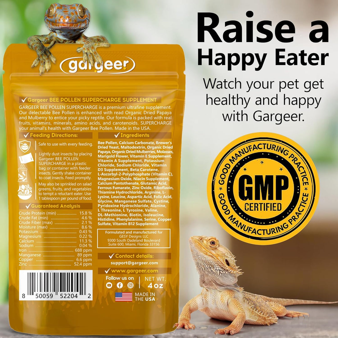 Back of the pouch for the bee pollen supplement, with the GMP-certified seal
