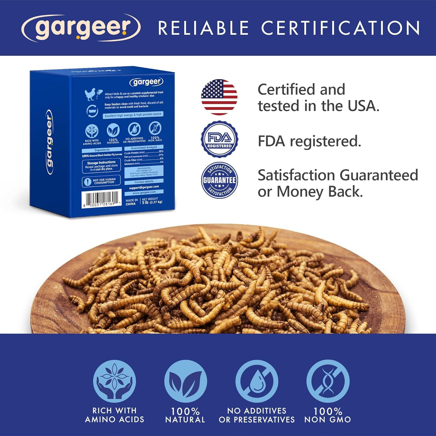 Gargeer Dried Black Soldier Fly Larvae (BSFL), 10LB of Highly Appealing, Exceptionally High Protein Levels Source. Enjoy a Low Waste, Year-Round Option, with no Sugar or Any Artificial Additive.